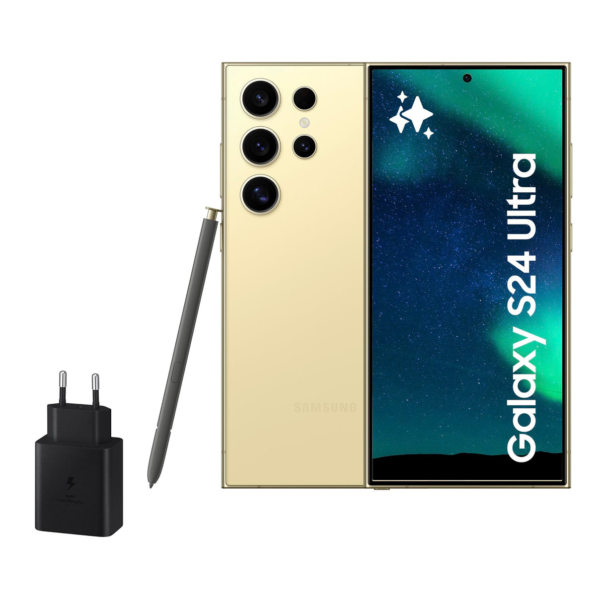 Samsung Galaxy S24 Ultra y Cargador 45W, Teléfono Móvil con IA, Smartphone Android, 12 GB RAM, 256 GB Almacenamiento, Cámara 200MP, S Pen, Batería Larga Duración, Amarillo Titanium (Versión Española)