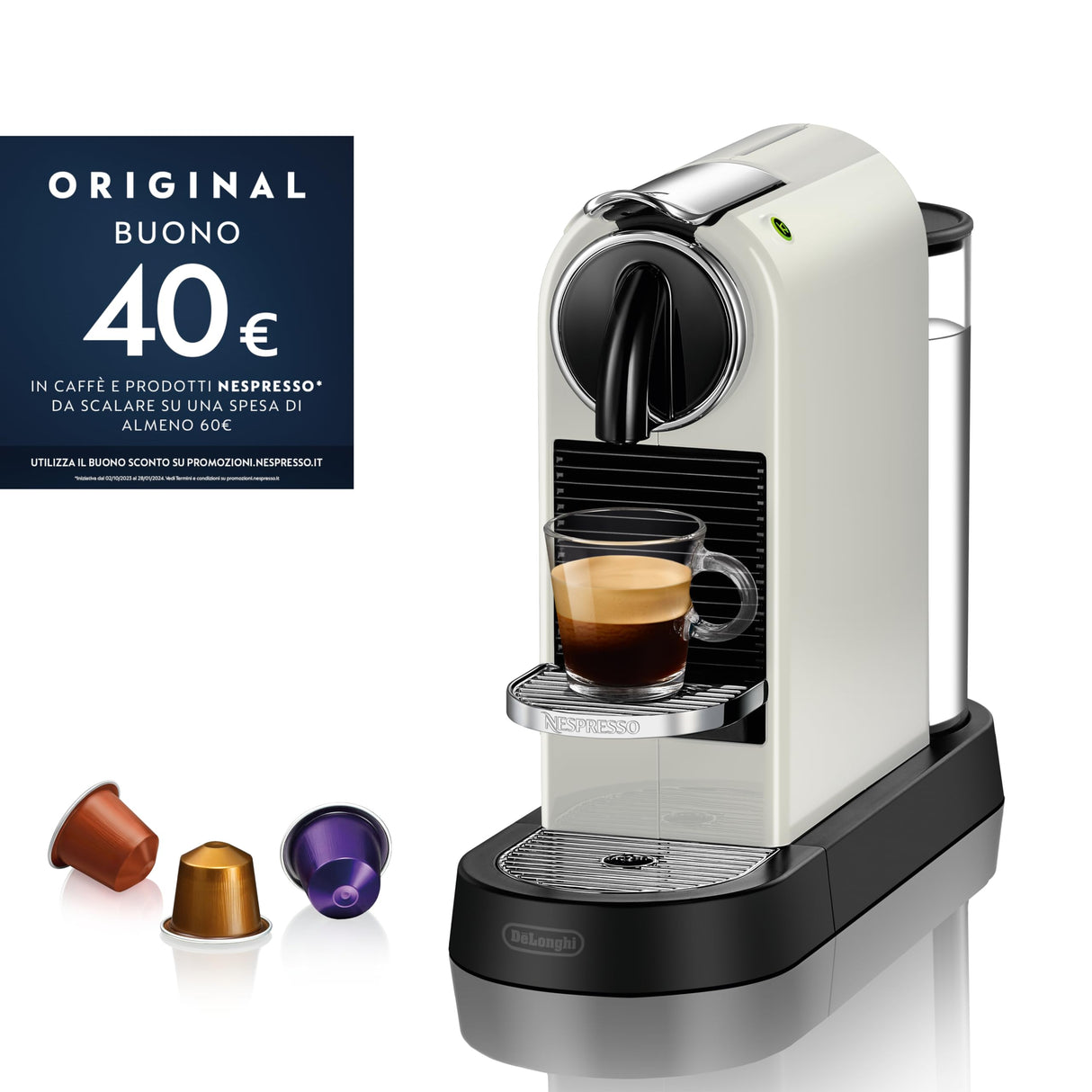 Nespresso De'Longhi Citiz EN167.W - Cafetera monodosis de cápsulas Nespresso, compacta, 19 bares, apagado automático, color blanco