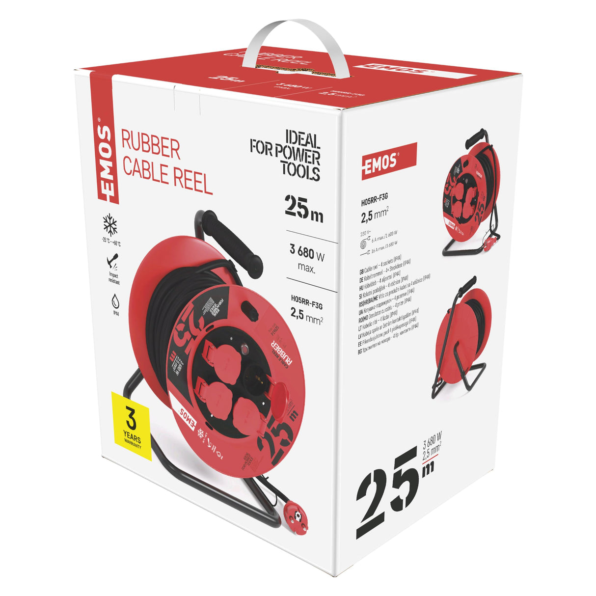 EMOS 1000116.30 Enrollacables Profesional alargador, 25m de Cable con 4 enchufes Schuko, 2,5 mm2 Goma, IP44, para Uso Exterior, Macho a hembra, negro/azul