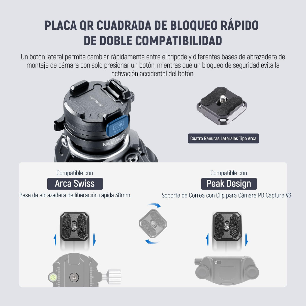 NEEWER LITETRIP LT32 62" Trípode de Viaje de Fibra Carbono con Base Niveladora de ±15°, Eje Central Desmontable, Hebilla de Giro Rápido, Placa QR Tipo Arca Compatible con Peak Design Capture V3
