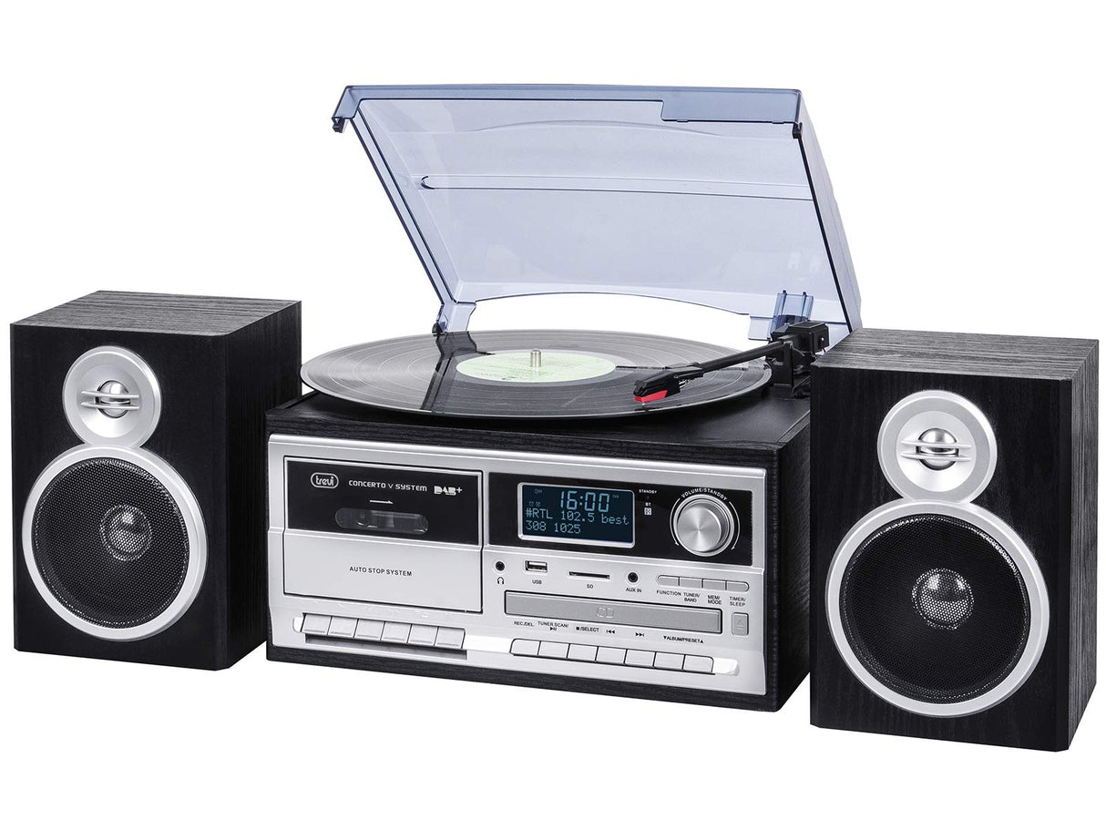 TREVI TT 1072 Dab - Sistema Tocadiscos Estéreo Bluetooth con Receptor Digital Dab/Dab+, Función Encoding, Reproductor MP3, CD, USB, Aux-In, SD, Músicacassette, Negro