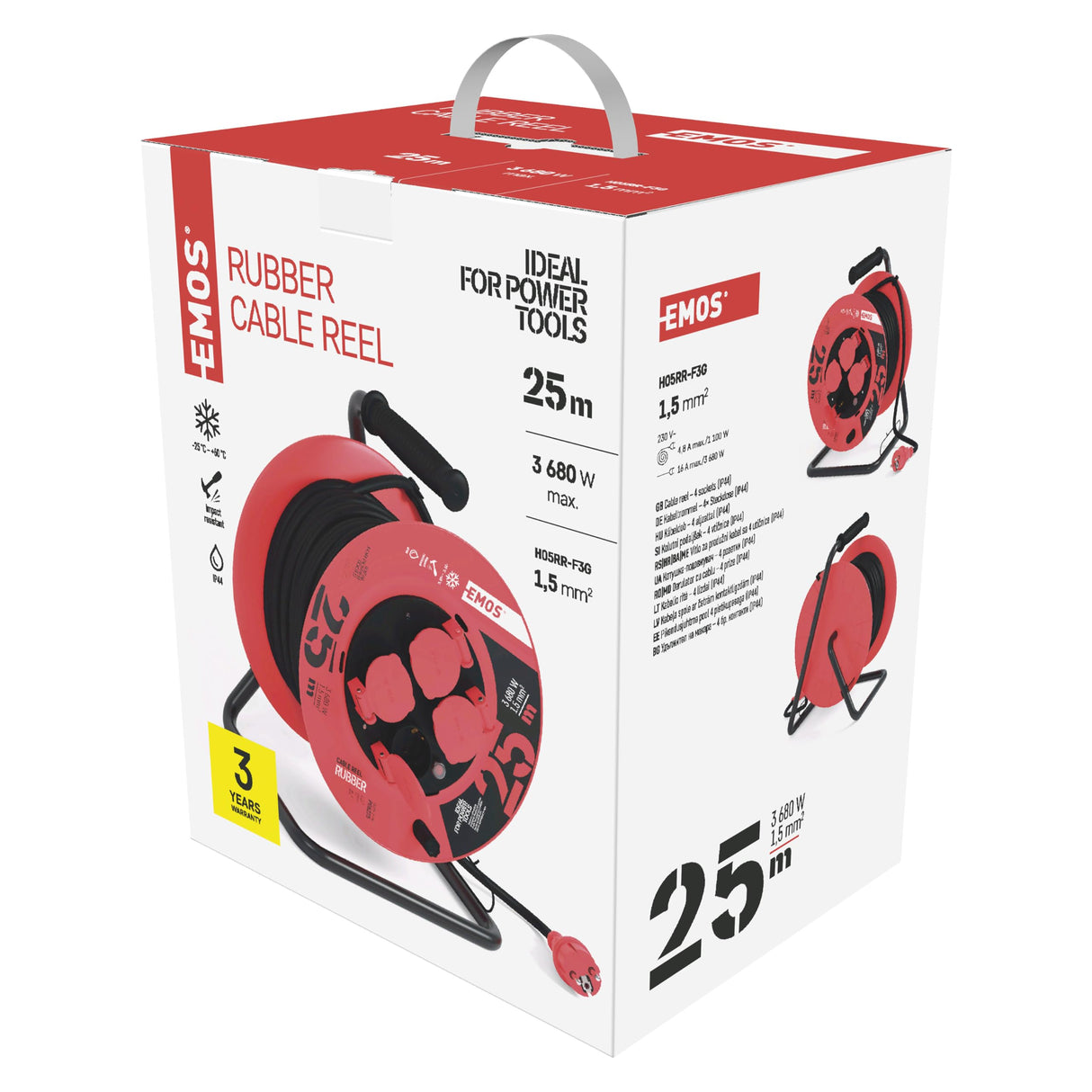 Emos P08225 Enrollacables Profesional alargador, de la Empresa, Grado de protección IP44, m de Cable con 4 enchufes Schuko, 1,5 mm2 Goma, para Uso Exterior, 25 Meter