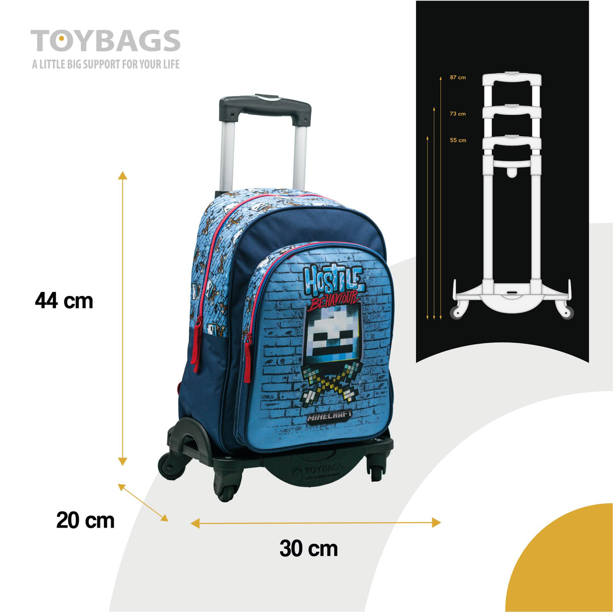 Minecraft Mochila Escolar Hostile Behaviour - Doble Compartimento Adaptable + Carro Negro TOYBAGS con Proteccion Lateral Y STOPER Frontal Anti CAIDA 4 Ruedas giratorias - 44 X 30 X 20 CM