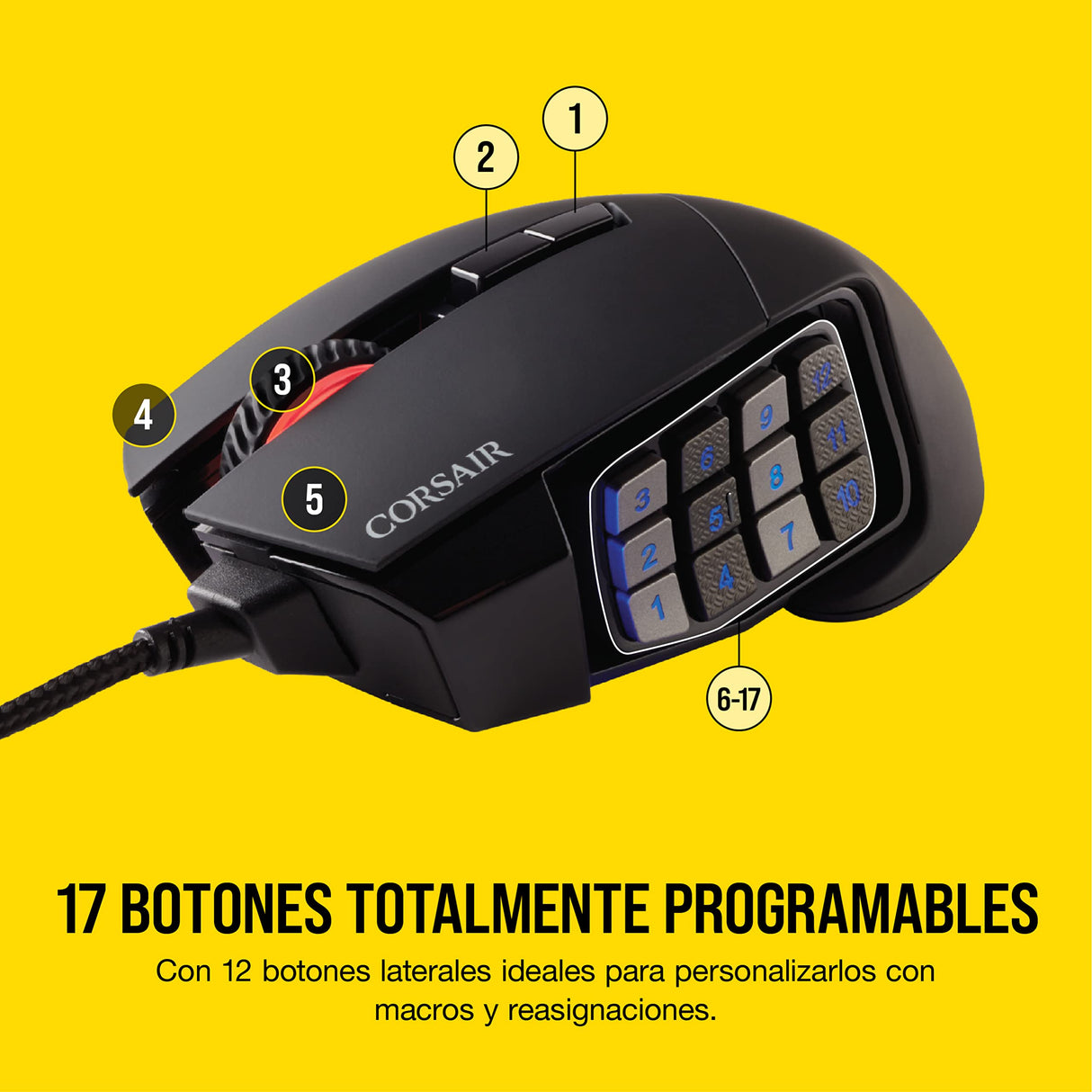 Corsair SCIMITAR RGB ELITE Ratón con Cable para Juegos MOBA/MMO - 18.000 PPP - 17 Botones Programables - Compatible con iCUE - PC, Mac, PS5, PS4, Xbox - Negro