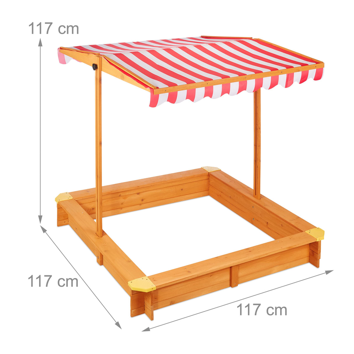 Relaxdays Arenero Niños con Techo Regulable, 117 x 117 x 117 cm, Cajón de Arena con Forro, Madera de Abeto, Natural, Poliéster