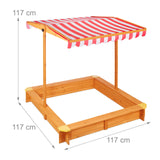 Relaxdays Arenero Niños con Techo Regulable, 117 x 117 x 117 cm, Cajón de Arena con Forro, Madera de Abeto, Natural, Poliéster