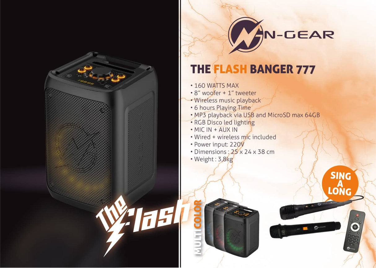 N-Gear The Flash Banger 777 Music Box - Caja portátil Bluetooth con Efectos de luz RGB y Altavoz de Graves de 8" - 160 W MP3 PartyBox con batería, Mando a Distancia y micrófonos