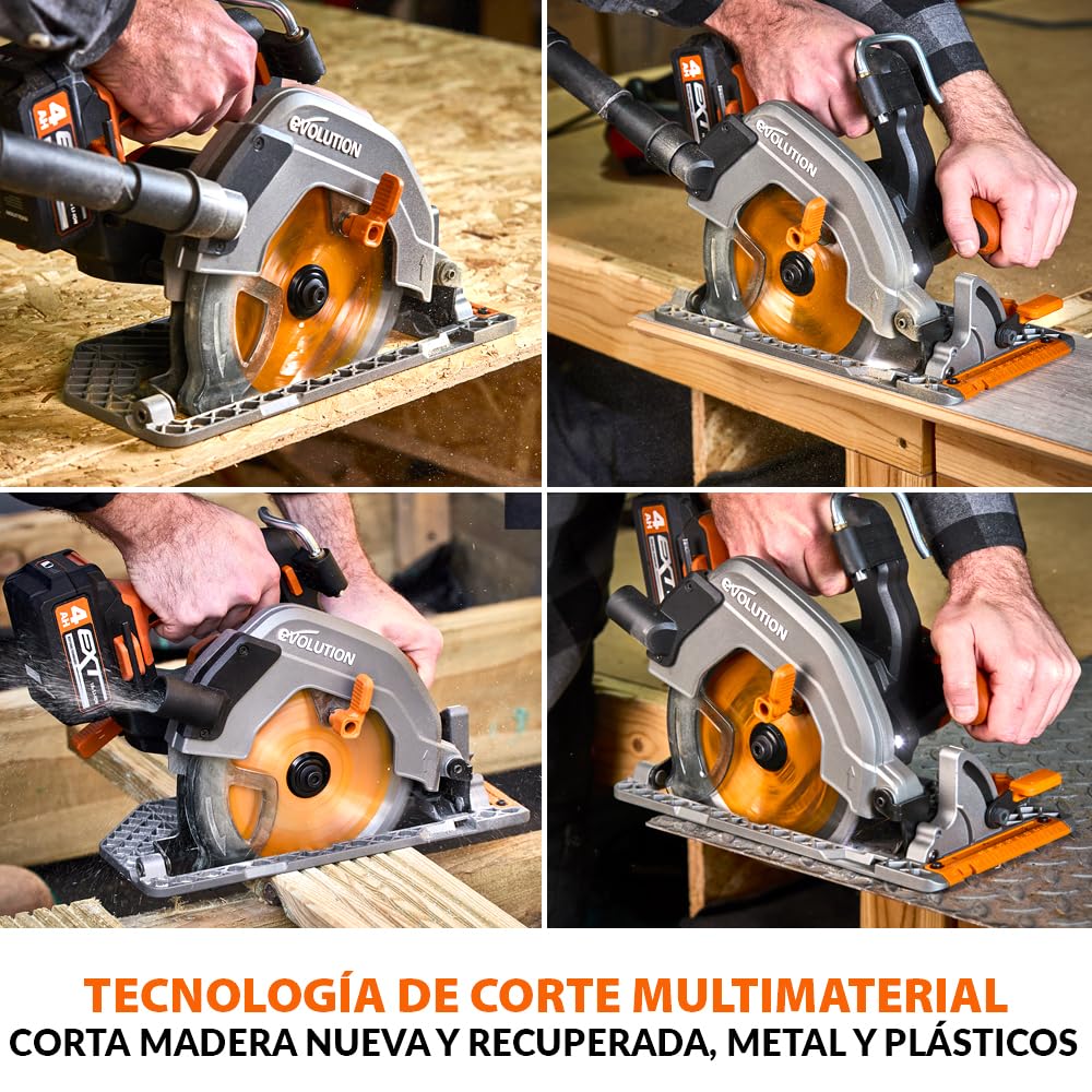 Evolution Power Tools R185CCS-Li Sierra circular sin cable y sin escobillas 18v Li-Ion Incluye hoja TCT Multi-Material, Corta Madera, Metal, Plástico y Más, Guía Incluida, Batería No Incluida, 185mm