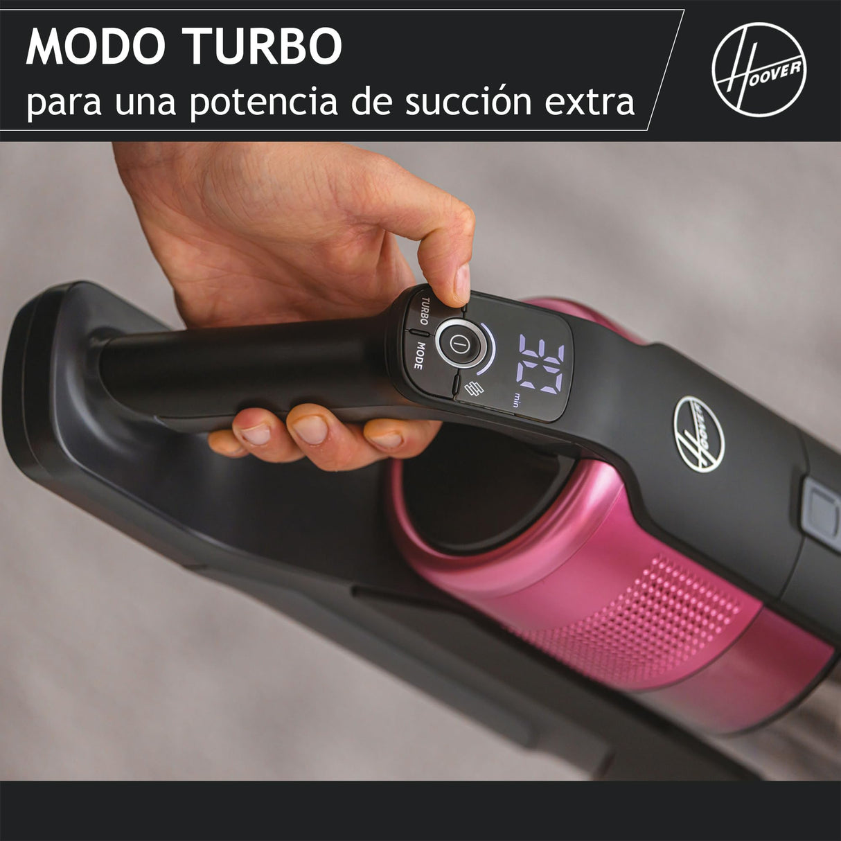 Hoover HF9 Home HF920H, Aspiradora Escoba sin Cable, sin Bolsa, 3 en 1, Escoba, de Mano y Vertical, Cepillo Antienredos, Autonomía 60 min, Color Gris/Rosa