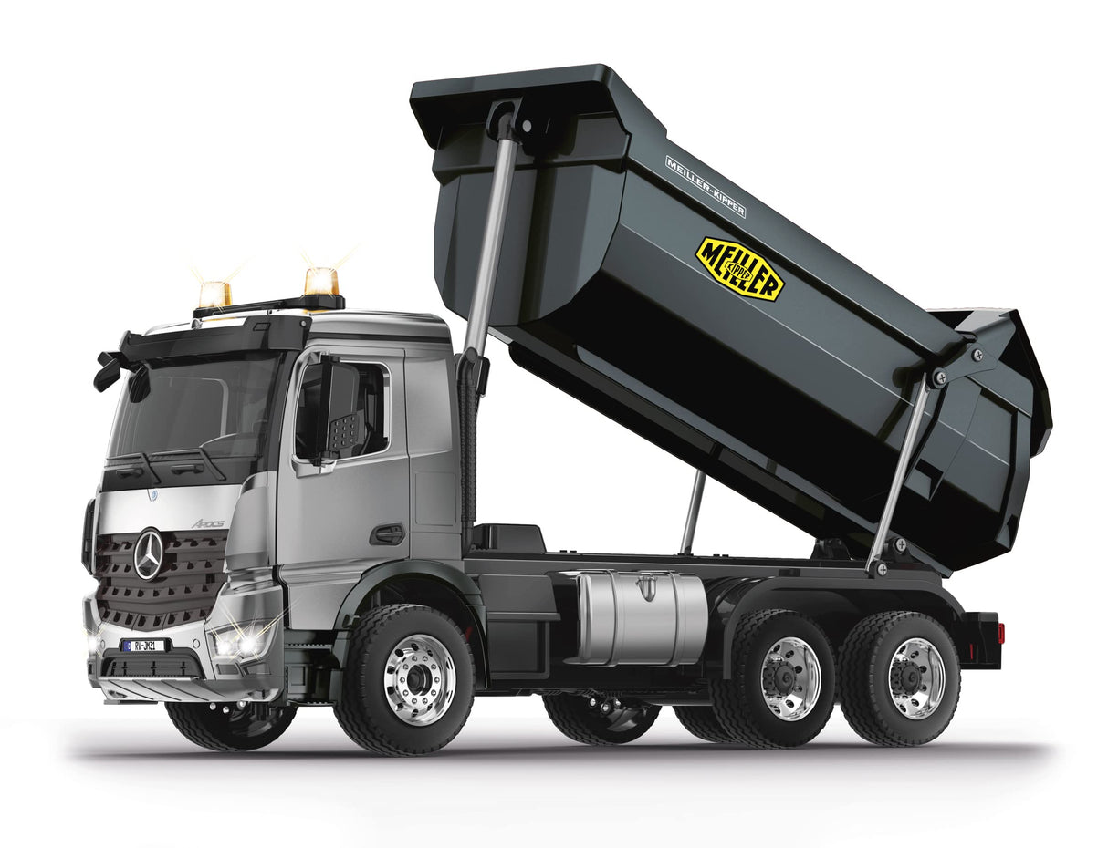 JAMARA Volquete Mercedes-Benz Arocs Metal Meiller 1:20 2,4 GHz, Capacidad de elevación de 15 kg, Engranaje de Metal, 4 Ruedas, suspensión de suspensión, neumáticos de Goma, luz LED