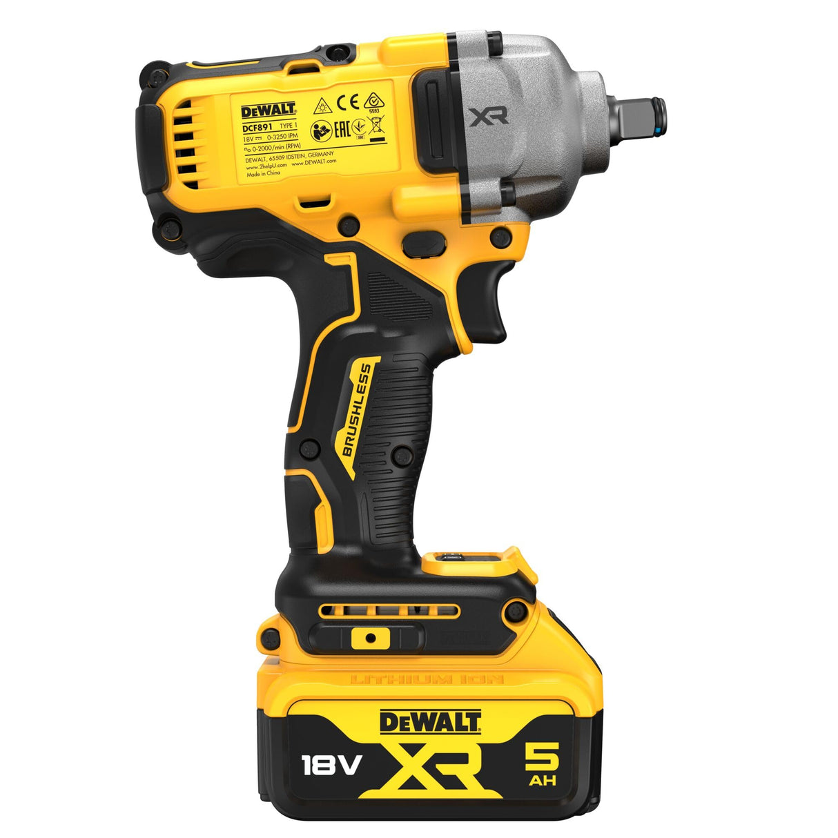DEWALT Llave de impacto 18V XR, motor sin escobillas con 2 baterías XR 18V de 5.0Ah y cargador multivoltaje, DCF891P2T-QW
