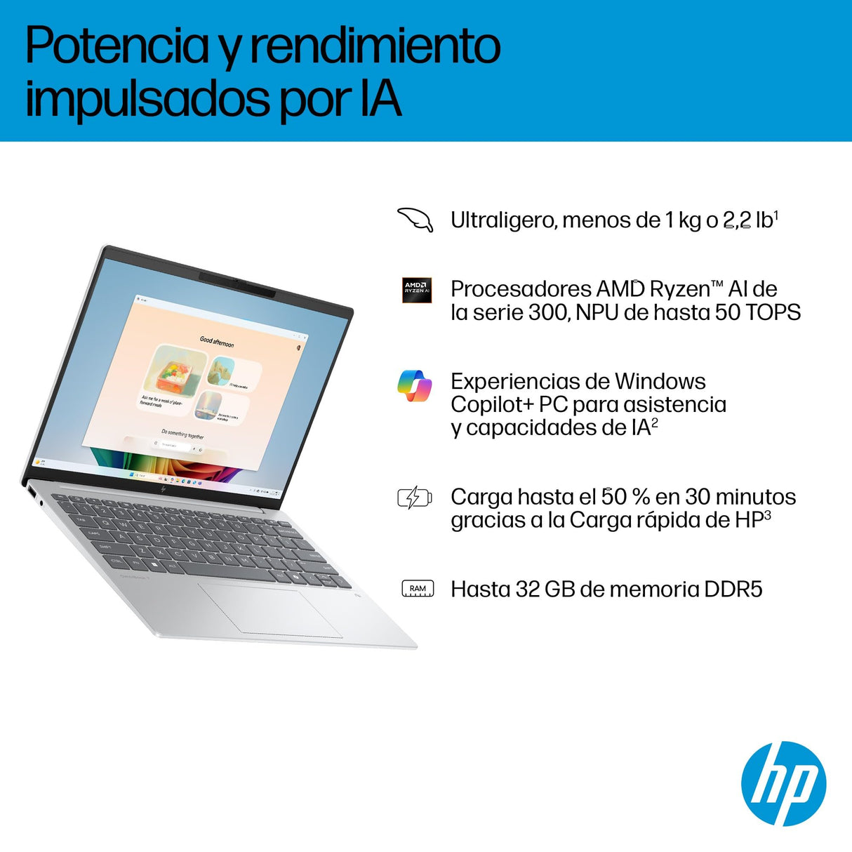 HP OmniBook 7 Aero – Ordenador portátil Ultraligero de 13.3" 2K (AMD Ryzen AI 7 350, 32GB RAM, 1TB SSD, AMD Radeon 860M, Windows 11) Gris – Teclado QWERTY Español