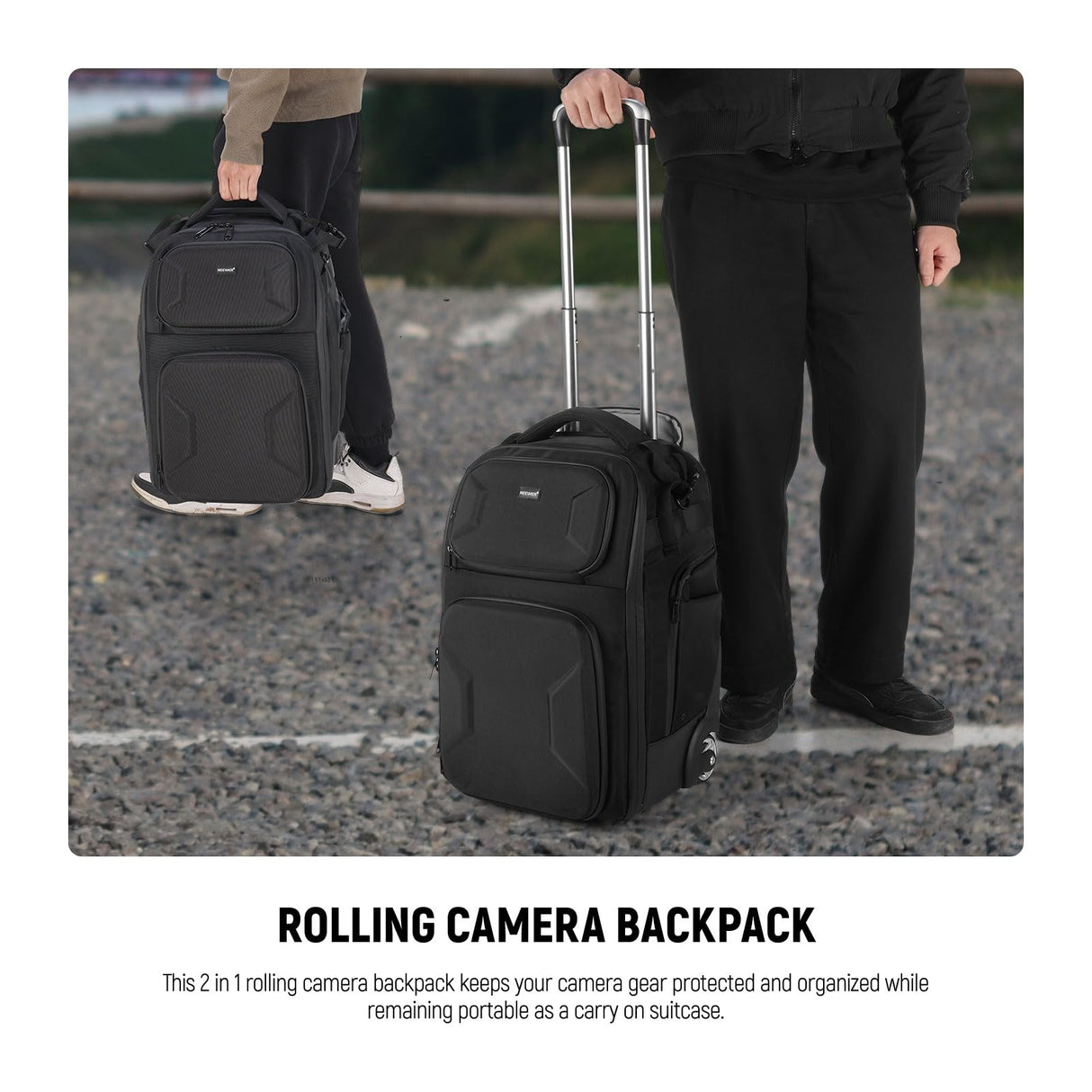NEEWER 2 en 1 Mochila con Ruedas para Cámara con Divisor Prueba de Golpe,Asa Retráctil, Cinturilla, Funda para Lluvia, Mochila de Mano para Cámara, Trípode, Flash, Lente, Portátil, Color Negro, PB027