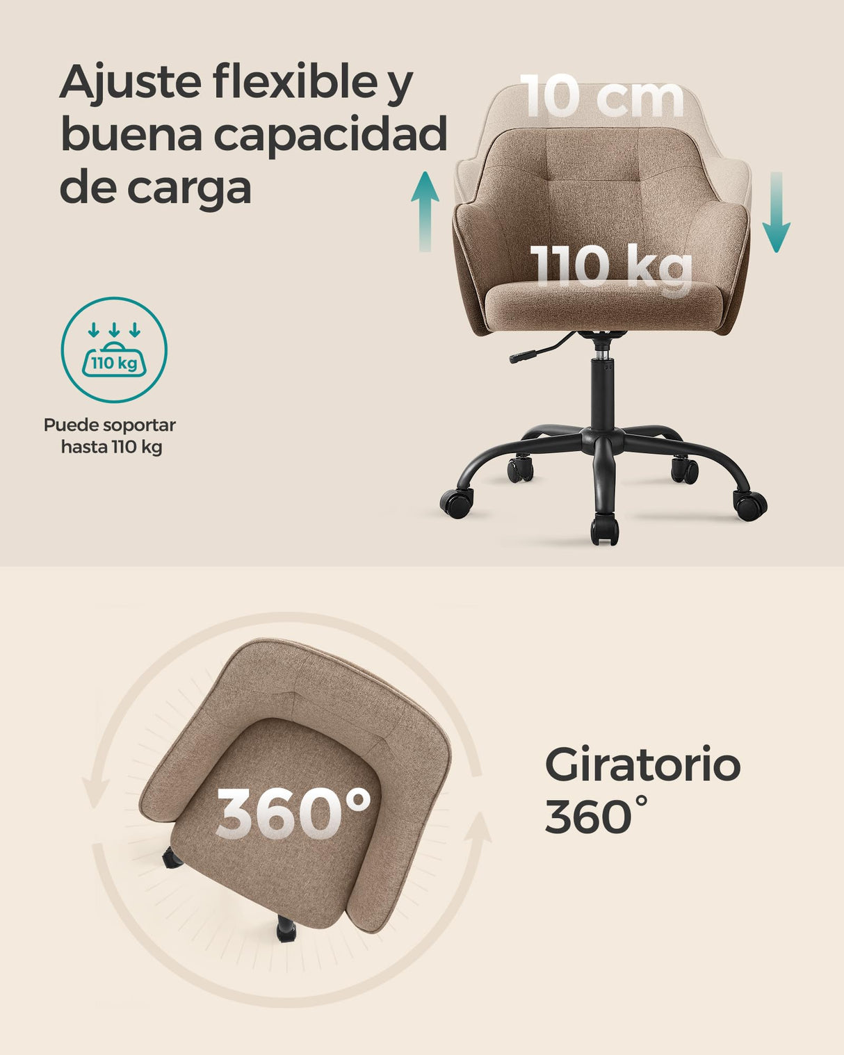 SONGMICS Silla de Estudio, Silla Giratoria, Altura Ajustable, Carga de 110 kg, Marco de Acero, Tela de Algodón-Lino Transpirable, para Estudio, Dormitorio, Marrón OBG019K01