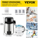VEVOR Destilador de Agua 4L Filtro de Destilación de Agua con Recipiente de Vidrio 750 W 1 L/H Ajuste de Velocidad, Destilación Filtro Purificador de Acero Inoxidable Temperatura Doble 7,9lbs, Plata