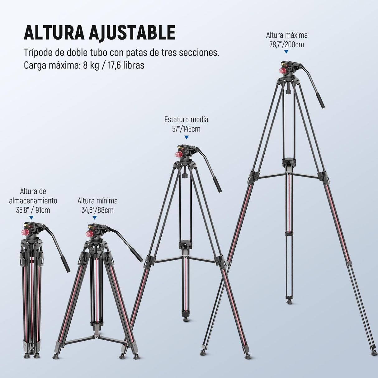 NEEWER 79"/2m Trípode Video Cámara con Cabezal Fluido, Soporte Trípode Resistente Aluminio Liberación Rápida con Placa QR Compatible con Canon Nikon Sony DSLR Videocámara, Carga MAX 17,6 LB, LL38