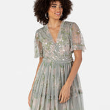 Anaya with Love Women's Maxi Dress Ladies V-Neck Short Angel Sleeves Tiered Ruffle For Bridesmaid Wedding Guest Occasion Prom Ball Gown Vestido, Floral Sage Green, 44 para Mujer