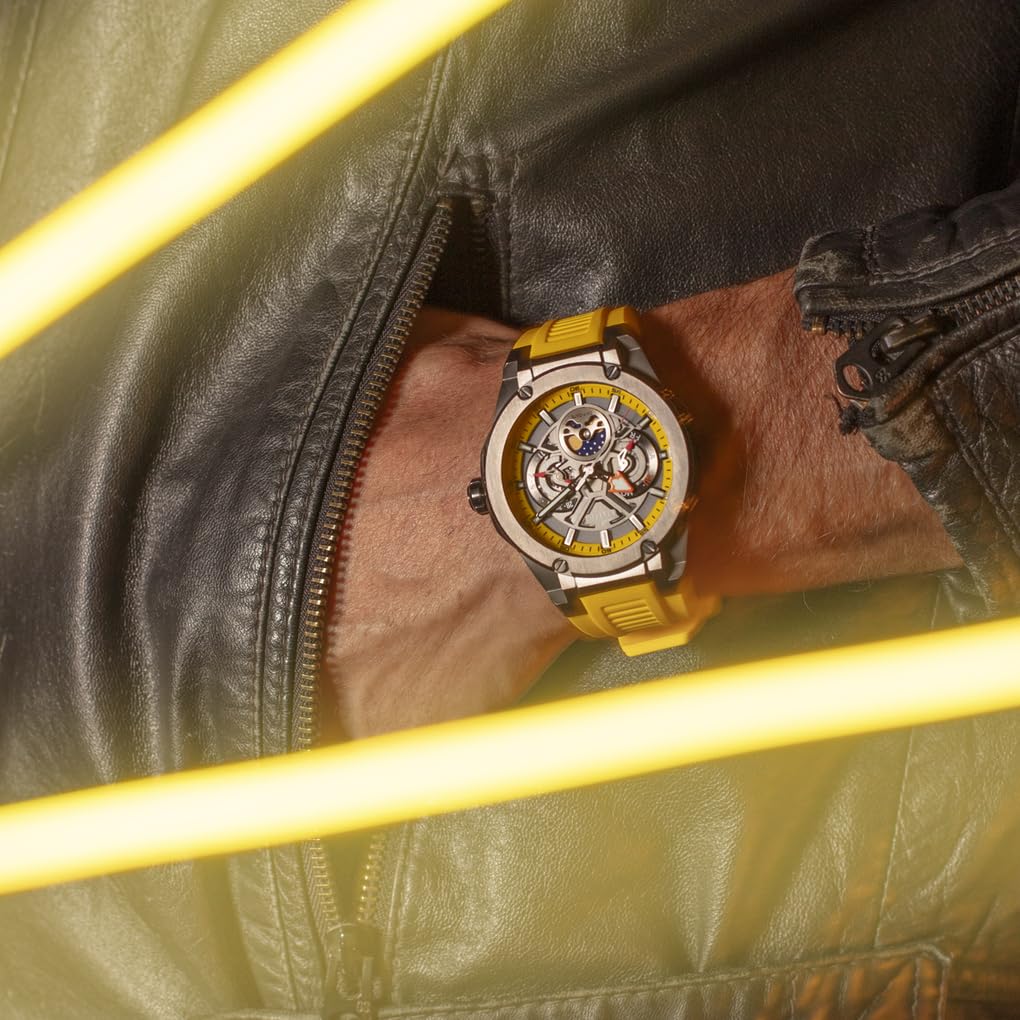 Lotus Reloj Hombre 18946/1 Vortex con Fase Lunar Caja de Acero Inoxidable 316l Negro Correa de Caucho Amarillo