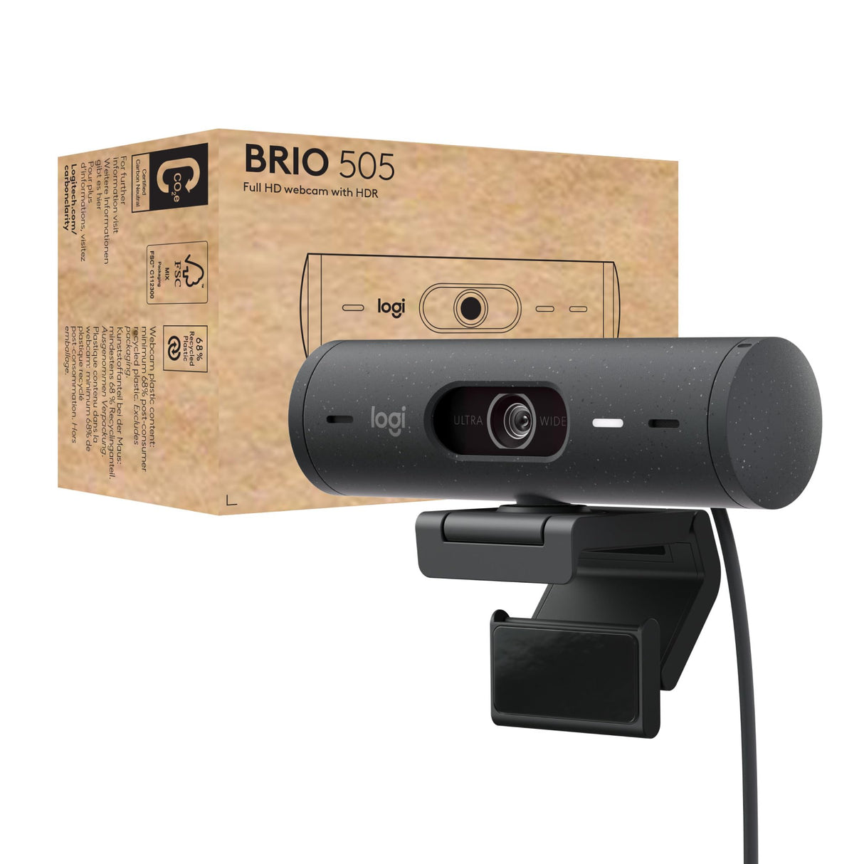 Logitech Brio 505, cámara Web Full HD con corrección de iluminación automática, Encuadre automático, 2 micrófonos con reducción de Ruido, Tapa de privacidad - Msft Teams, Google Meet, Zoom - Gris