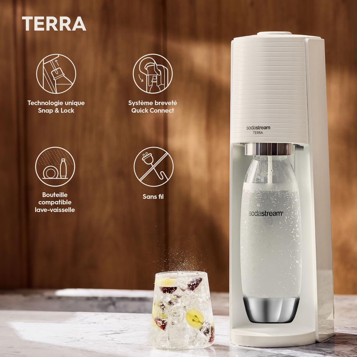 Sodastream Terra - Máquina de agua con gas y soda | Pack 1 botella de 1 l, acabado de acero inoxidable, compatible con lavavajillas + 1 recarga de gas de 60 l para clips, color blanco