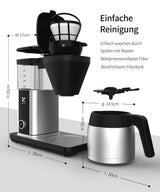 ZACHVO Cafetera de Goteo con Jarra Térmica de 1,25L, 4,5 Min. de Preparado Rápido, Control PID a 92°C, Sistema Antigoteo 30s, Filtro Reutilizable, Limpieza Automática, Libre de BPA, Acero inoxidable