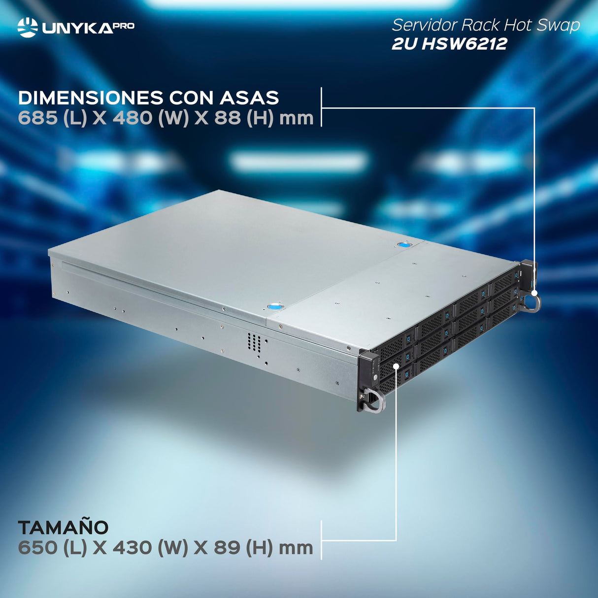 UNYKAch Caja Rack HSW6212 Hot Swap (Sustitución de Bahías en Caliente) 2U, ATX, 12 Bahías Compatibles con Discos de 3,5″ o 2.5”, 4 Ventiladores de 80 mm, 2 USB 2.0
