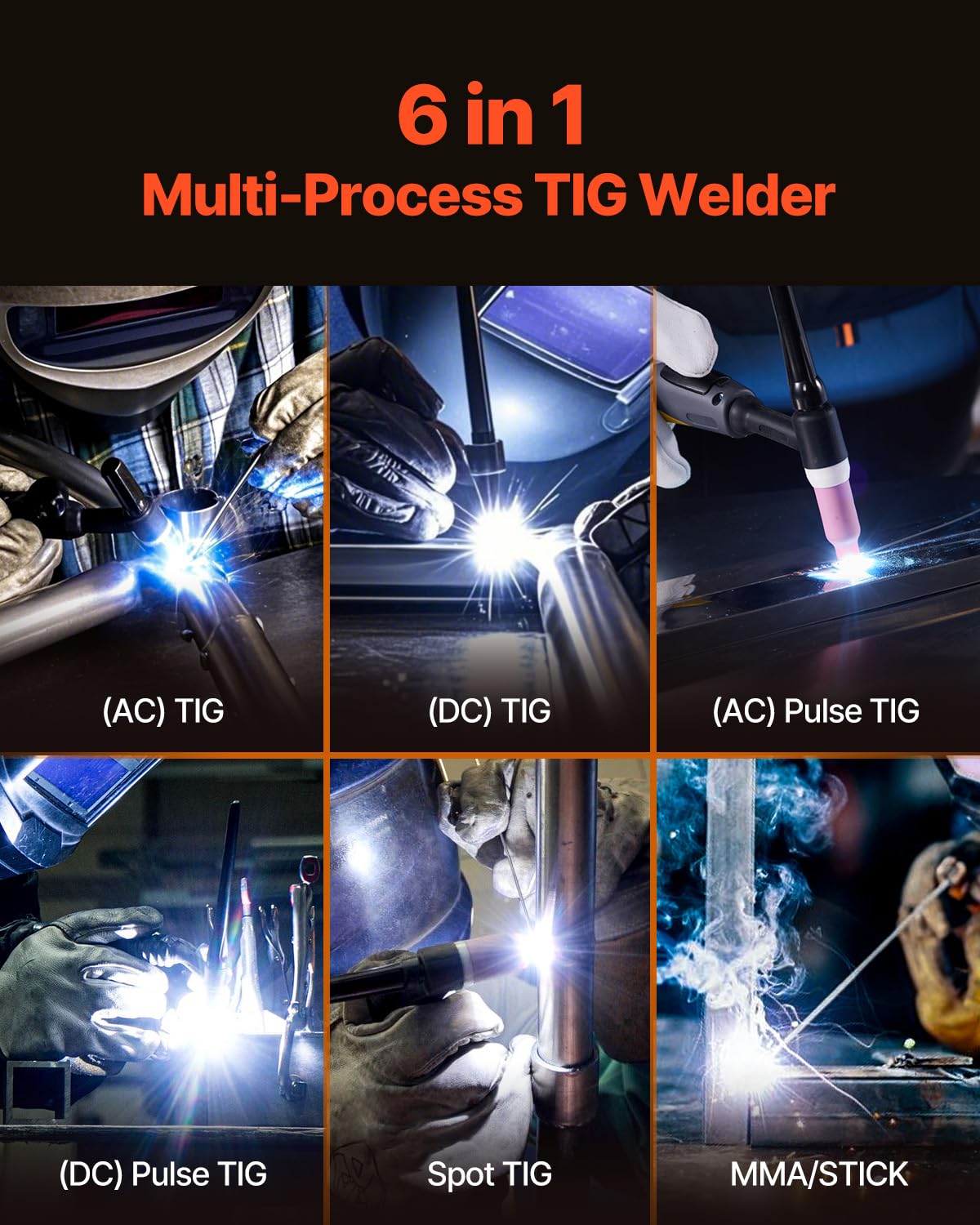 VEVOR Soldador TIG, Máquina de Soldadura Aluminio 6 en 1 de 200 A, Pantalla LED, Eléctrico Máquina de Soldadura TIG con Control Sinérgico IGBT, Ideal para Uso al Aire Libre, 430 x 210 x 360 mm