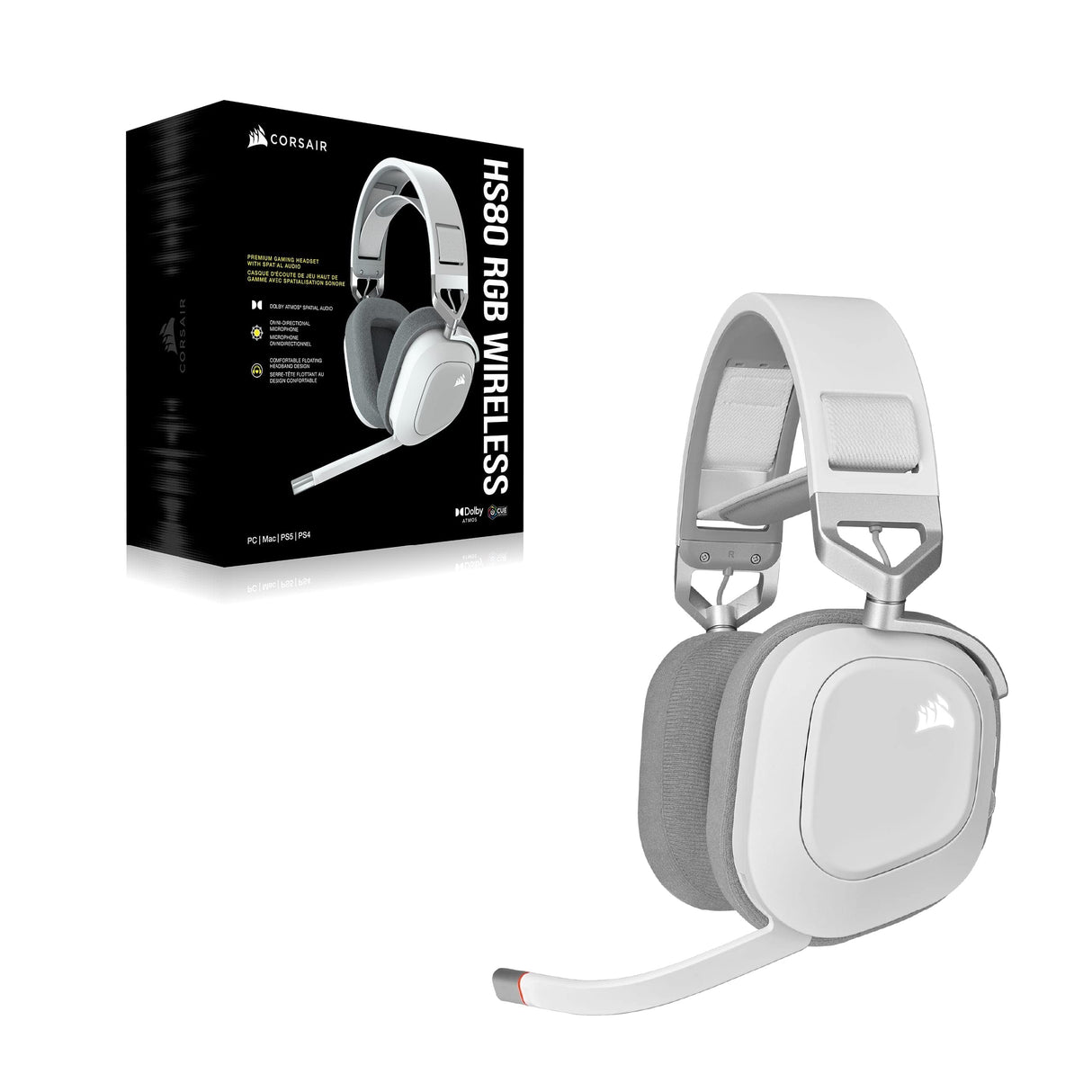 Corsair HS80 RGB WIRELESS Auriculares Inalámbricos para Juegos Multiplataforma RGB - Dolby Atmos - Micrófono Omnidireccional - Compatible con iCUE - PC, Mac, PS5, PS4 - Blanco