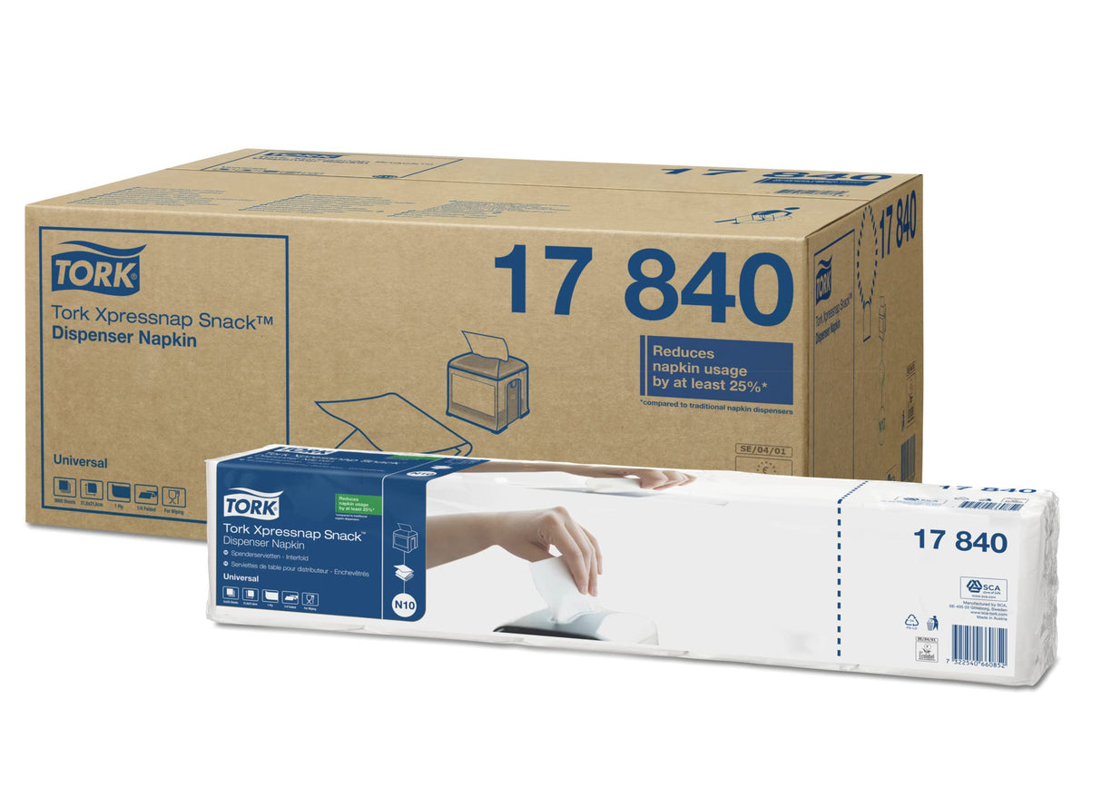Tork 17840 Servilletas enmarañadas Xpressnap Snack Universal, compatible con el sistema N10 / un pliegue - 21.3cm x 21.6cm - 8 x 1125 servilletas - Blanco