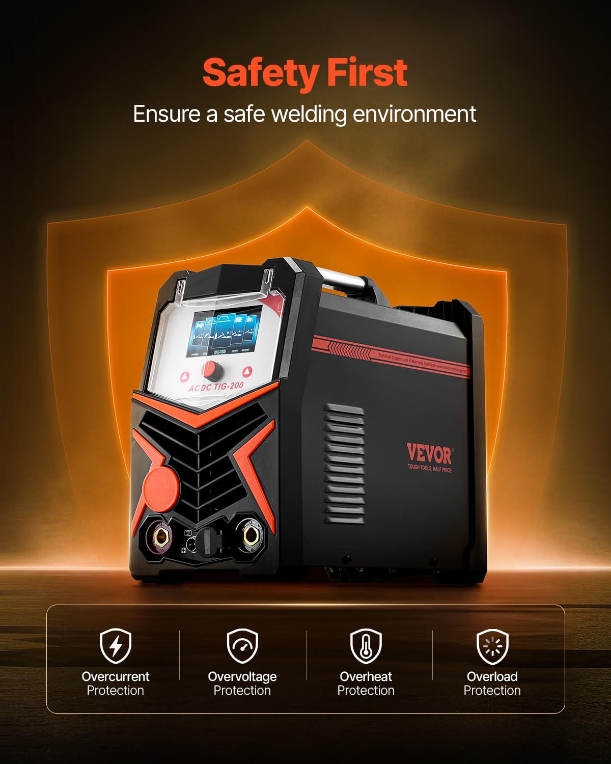 VEVOR Soldador TIG, Máquina de Soldadura Aluminio 6 en 1 de 200 A, Pantalla LED, Eléctrico Máquina de Soldadura TIG con Control Sinérgico IGBT, Ideal para Uso al Aire Libre, 430 x 210 x 360 mm