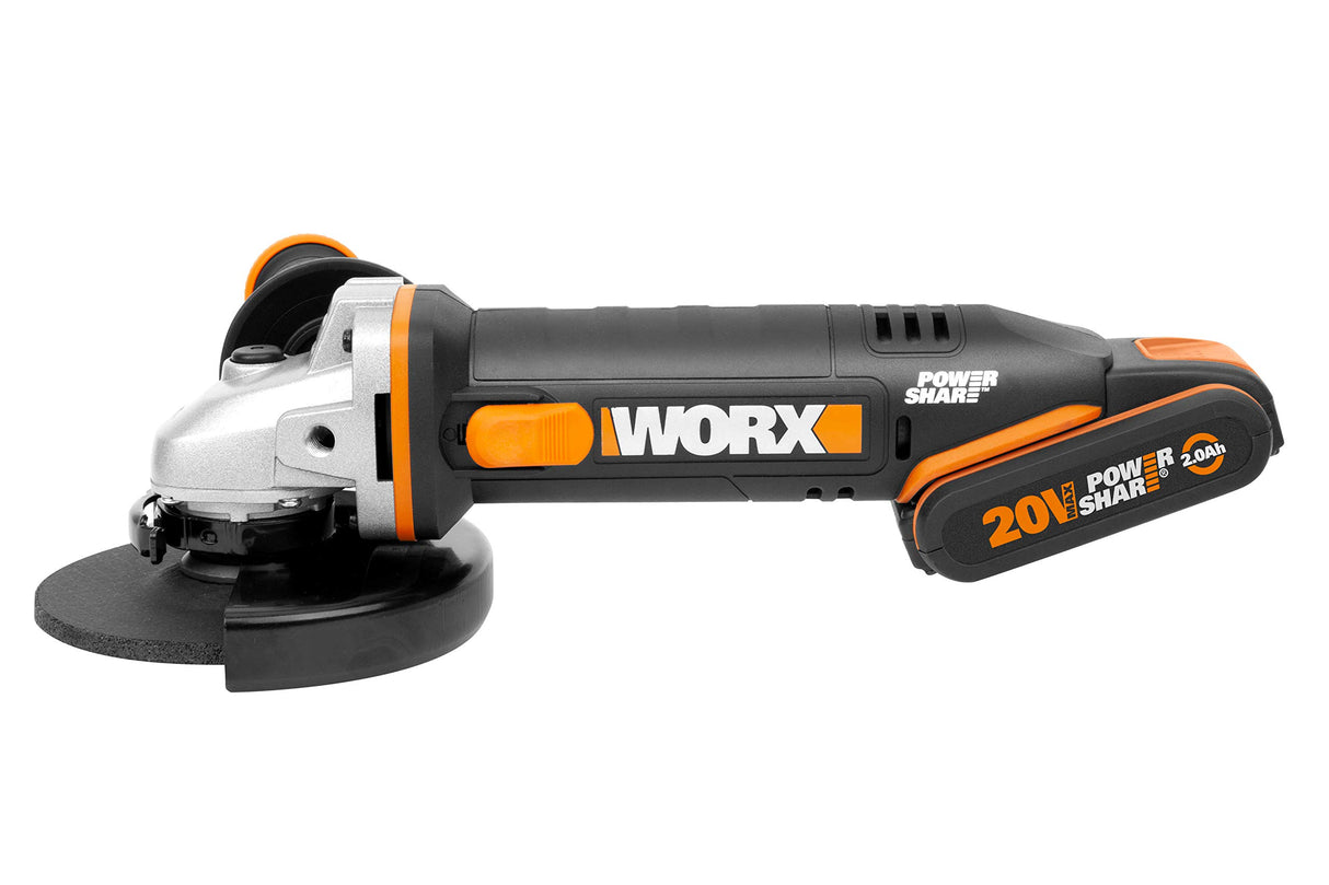 WORX | Amoladora 125mm 20V | PowerShare | WX803 | Incluye 2 baterías 2Ah y 4Ah | Bloqueo del husillo | interruptor lateral | Sistema de ajuste rápido sin herramientas | Mango auxiliar