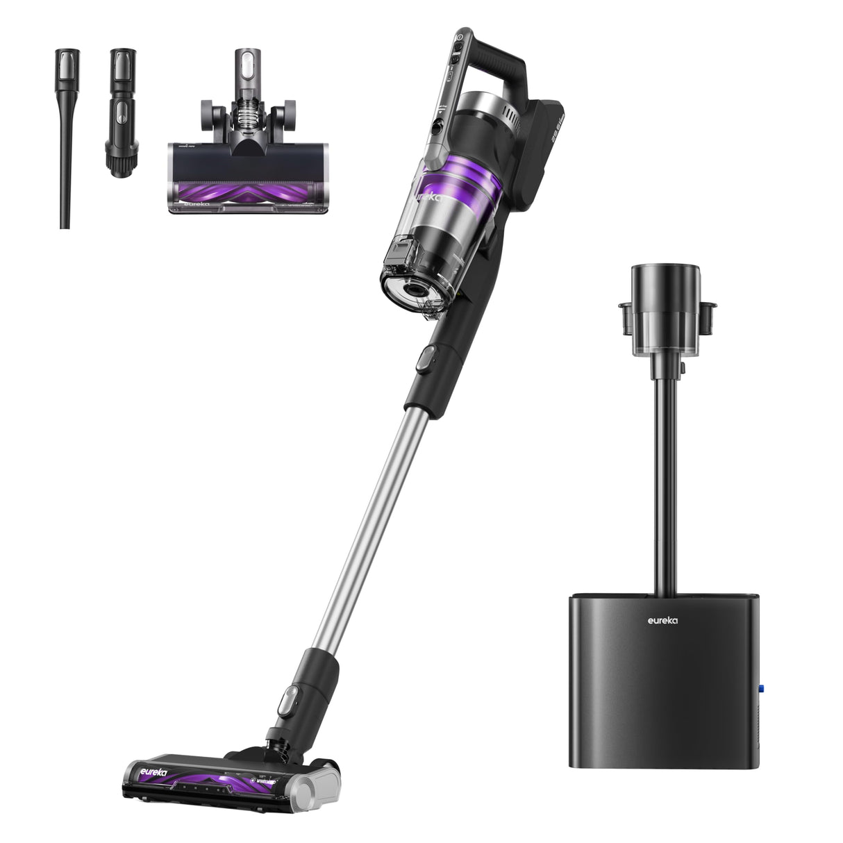 EUREKA Stylus Elite Aspiradora sin Cable con Estación de Autovaciado, 24000Pa, Bolsa 3 L, 60 Min de Autonomía, Cepillo Antienredos, Faro LED, Batería Desmontable