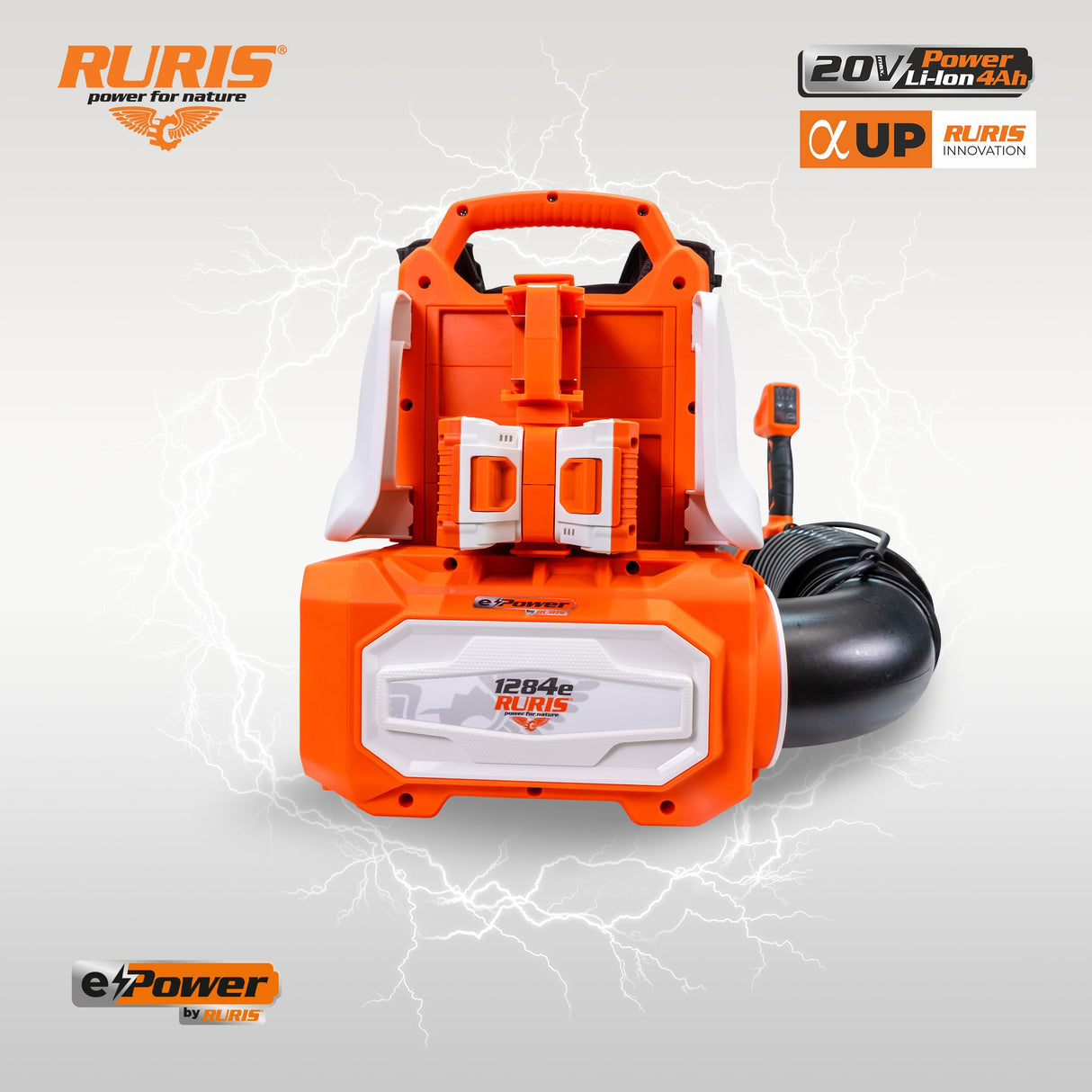 RURIS - Soplador de Espalda inalámbrico 1284e 4 velocidades + Modo Turbo, Velocidad 70 m/s, Volumen 1100 m³/h, Tubo telescópico, arnés y 2 baterías de Litio de 20 V + Cargador Incluido