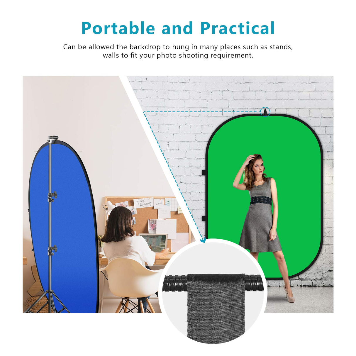 Neewer 5 x 7 pies / 1,5 x 2 m - Fondo plegable con soporte de 8,5 pies / 2,6 m, panel de fondo verde azul verde reversible 2 en 1 para estudio de fotografía, transmisión en vivo, videollamadas, juegos