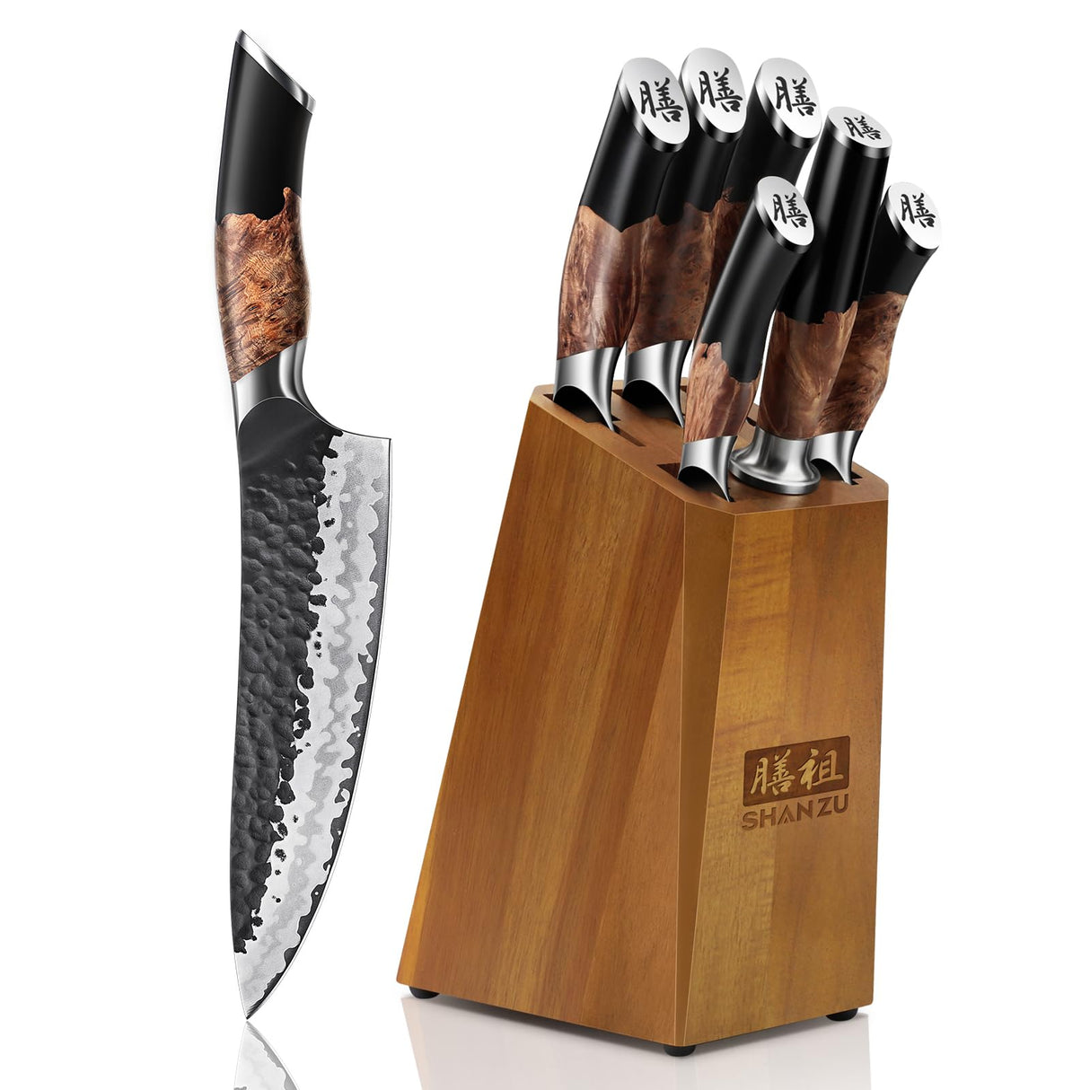 SHAN ZU Juego de Cuchillos de Cocina con Bloque, Set de Cuchillos Japonés Forjado a Mano, Acero 10Cr15MOV de 7 Capas, Bloque de Cuchillo con Afilador Profesional, Mango de Madera de Arce