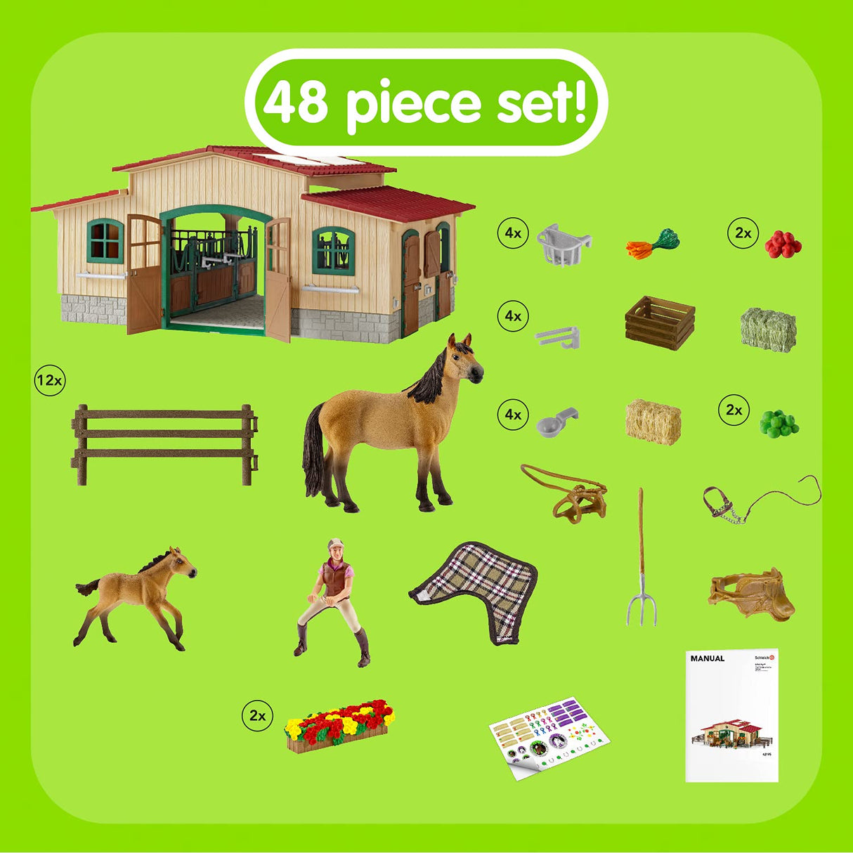 Schleich 42195 Caballeriza con Caballos y Accesorios, a Partir de 3 años, Farm World - playset, 96 Piezas