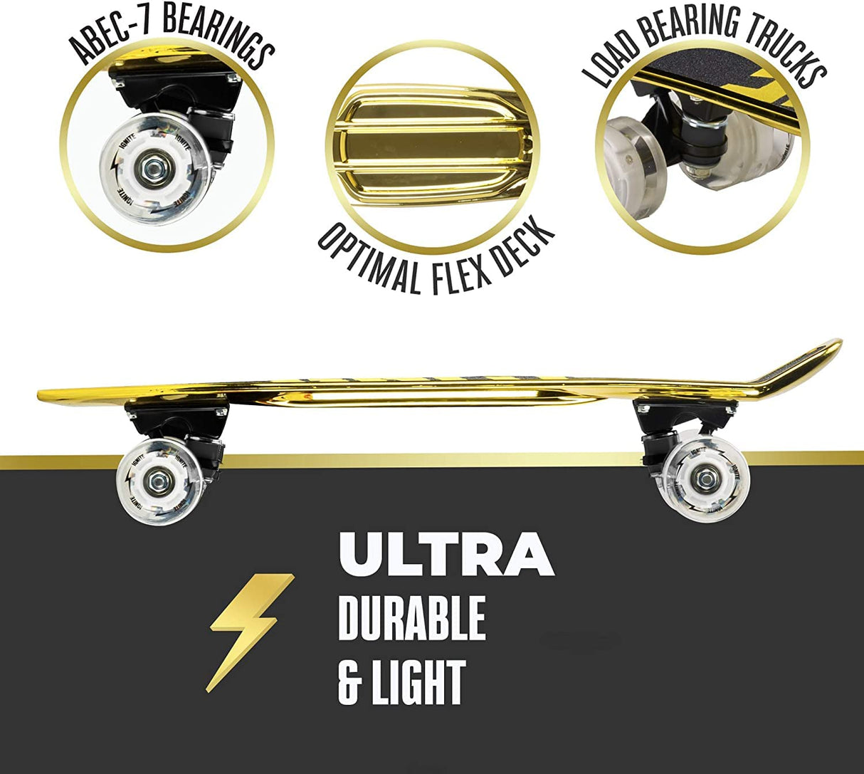MONDO Toys-Chroma Gold Combo Pack-Monopatín Flash LED Ruedas | Casco & Protections Included – 25568 Street Ignite Poliuretano-Skate Protecciones oro-25568, tamaño único, Color, 55 x 15