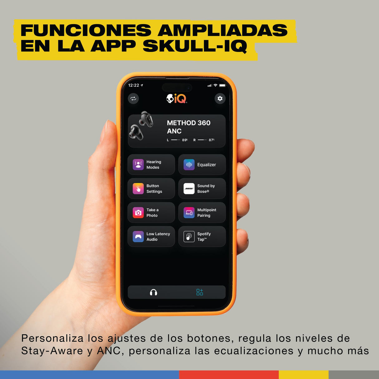 Skullcandy Auriculares inalámbricos Method 360 ANC Sonido Bose, audífonos Bluetooth, cancelación de Ruido, 40 Horas de autonomía, Resistentes al Sudor y Agua, micrófono para iPhone y Android - Negro