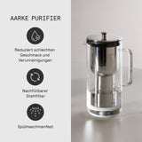 Aarke Purifier, jarra filtrante de agua en vidrio y acero inoxidable (2,4 L / 10 tazas) + pack de 3 bolsas de recarga de filtro Pure
