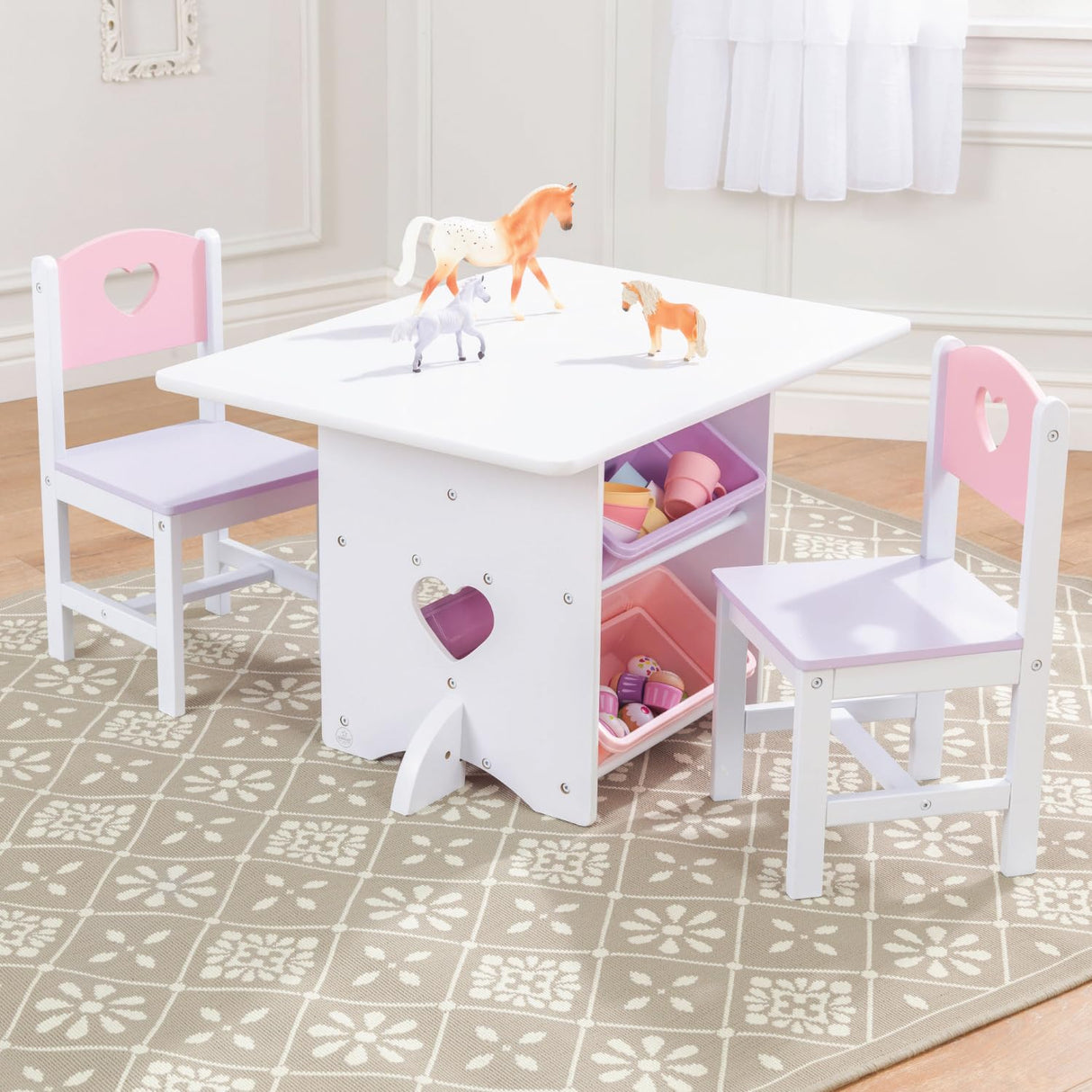 KidKraft Juego Infantil de Mesa y 2 sillas de Madera Corazón con Compartimentos de Almacenamiento, Muebles para Salas de Juego y Dormitorio de niños (26913)