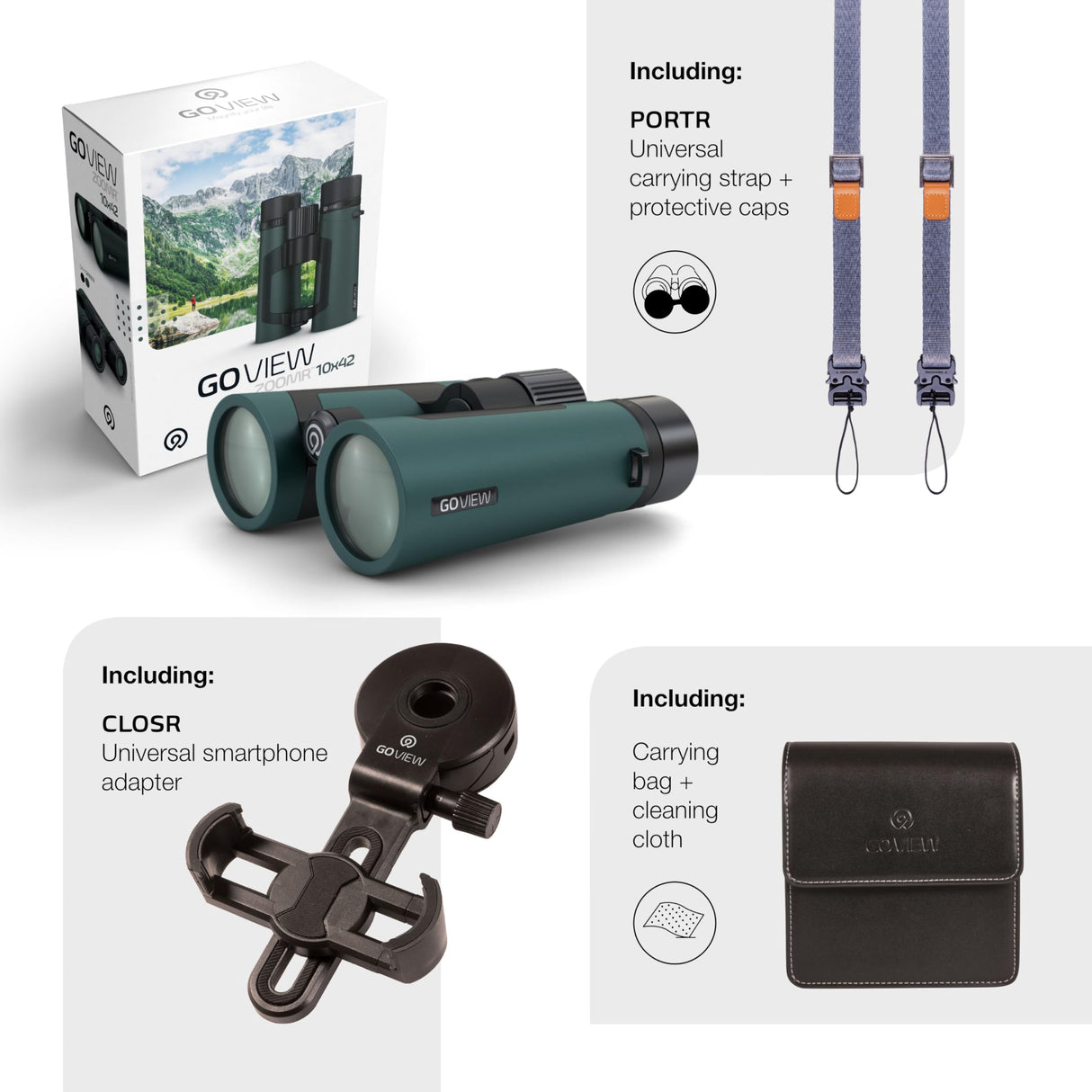 GoView ZOOMR 10x42 prismáticos para Actividades al Aire Libre, Naturaleza, observación de Vida Salvaje, Viajes (Zoom de 10 aumentos, Gran Campo de visión, Incluye Set de Accesorios) Phantom Negro
