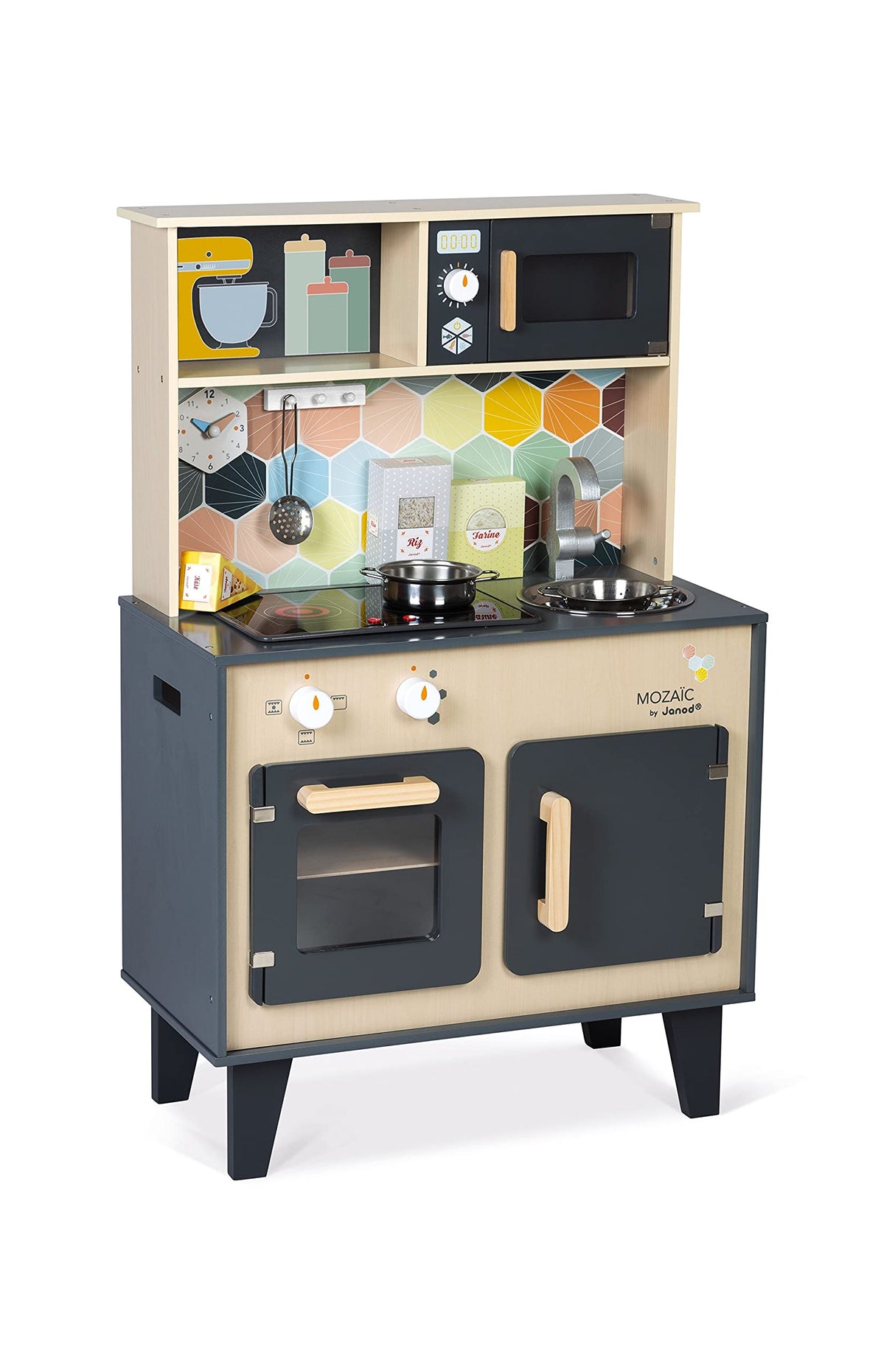 Janod - La Gran Cocina Mozaïc - Cocina de madera para niños - Cocina equipada con luz y sonido - Cocina de madera con 3 accesorios + 3 cajas de cartón para comida - A partir de 3 años,J06609