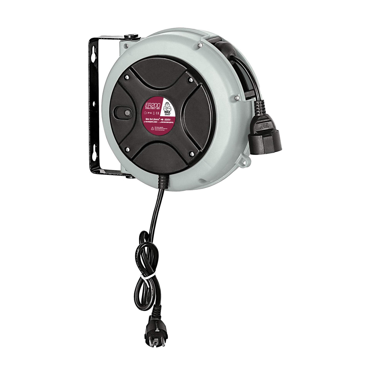 MAXTOOLS ER200, Enrollador Eléctrico Automático, Minienrollador con Guía Doble y Cable Resistente al Aceite, Interruptor Térmico de Protección, Longitud 8 Metros (8m)