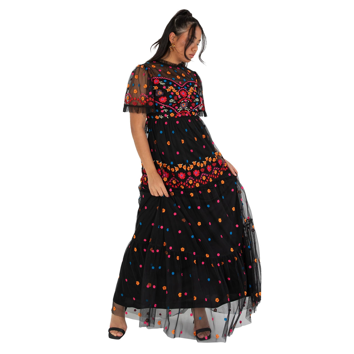 Maya Deluxe Women's Ladies Maxi Dress Short Sleeve High Neck Embroidered Ruffle Frilly Tulle A-Line For Occasion Evening Ball Gown Vestido, Negro, 42 para Mujer