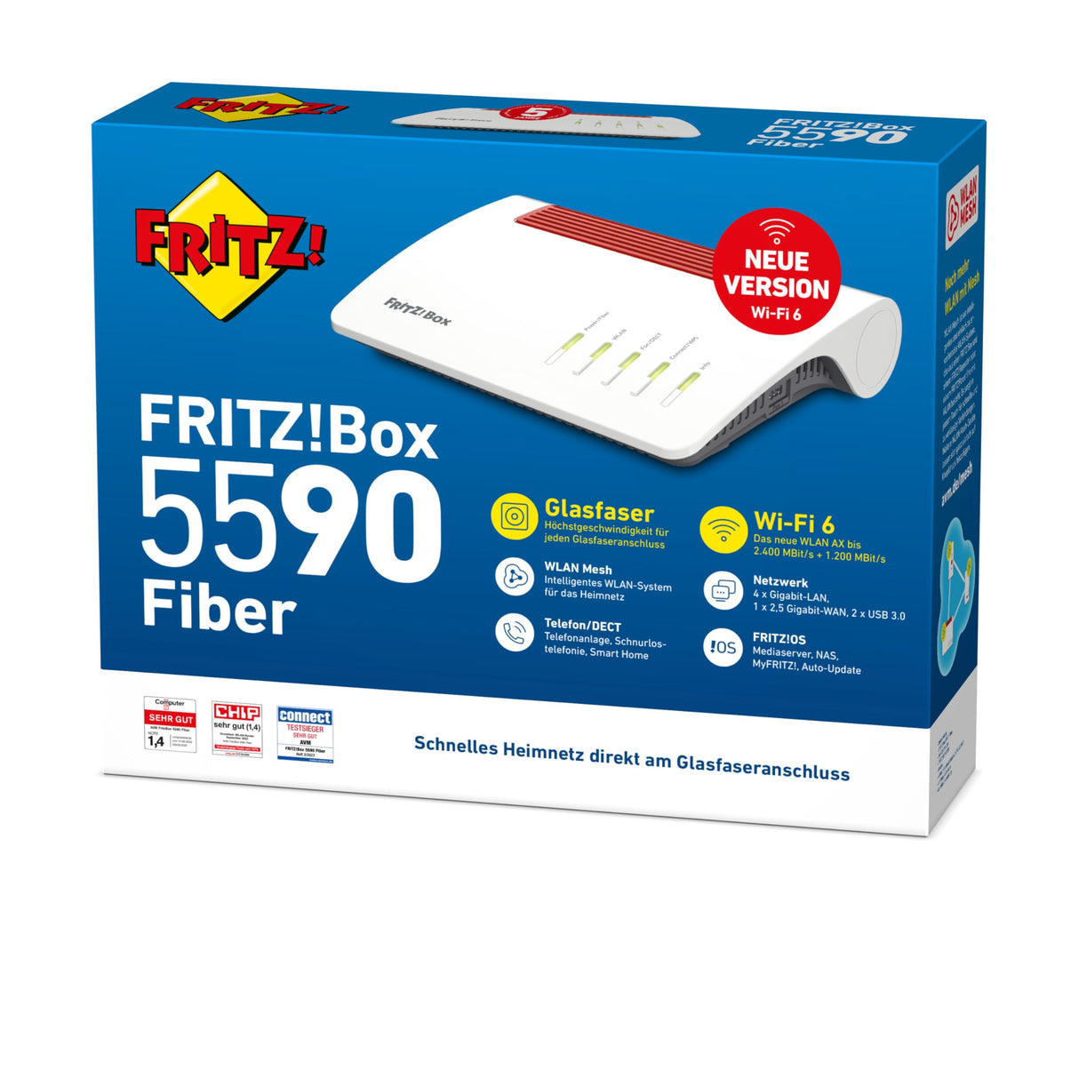 Fritz!Box 5590 Fiber (Wi-Fi 6 Módem de Fibra óptica (Wi-Fi AX), hasta 2400 Mbps (5 GHz) y 1200 Mbps (2,4 GHz), Wi-Fi Mesh, Base DECT, Puerto de 2,5 Gigabit, Blanco, Adecuado para Alemania)