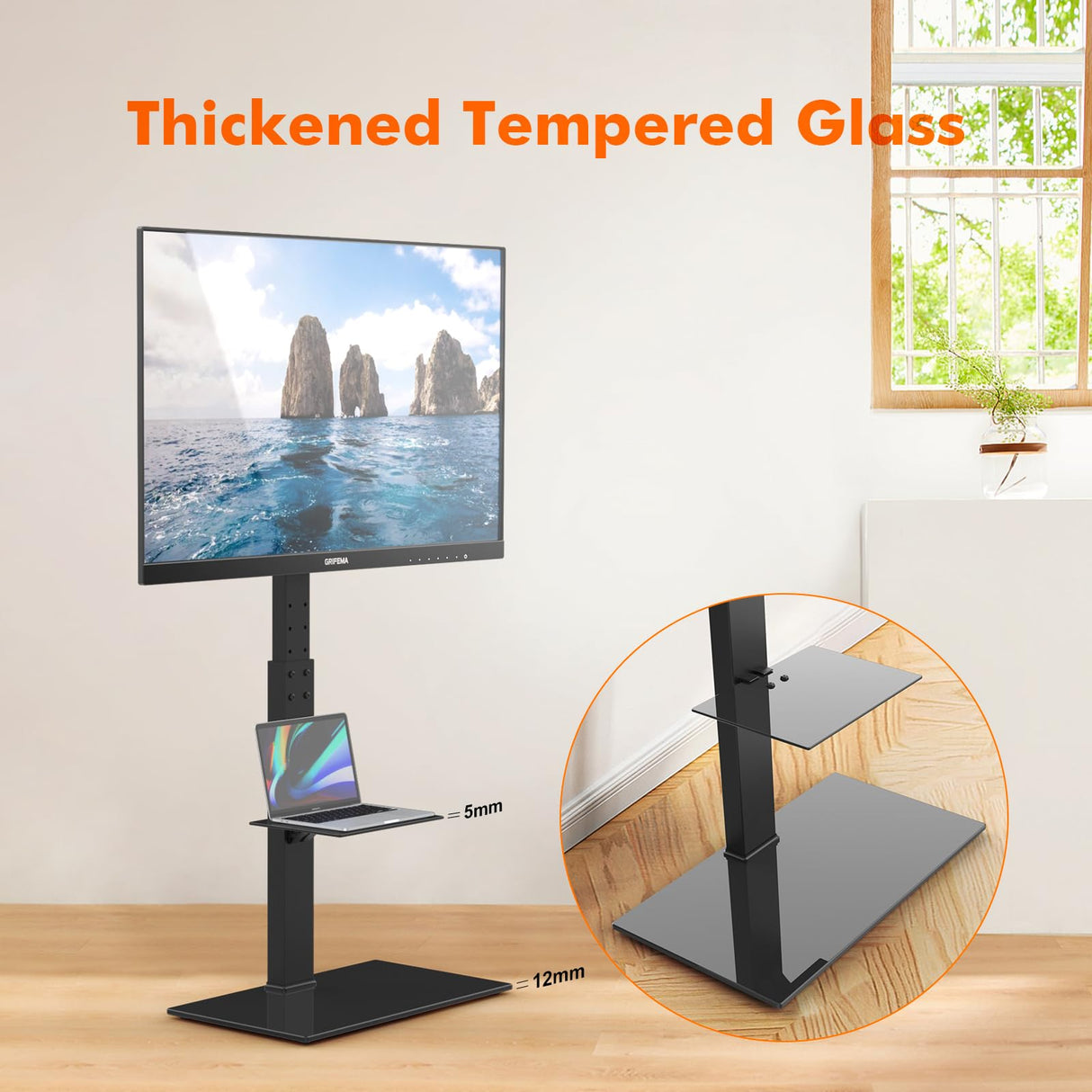 GRIFEMA GB3002 Soporte TV Pie Universal para Televisores de Plasma/LCD/LED hasta 85 Pulgadas, Soporte TV Suelo con EEstantes de Vidrio Templado de 2 Niveles, hasta 60 kg, VESA MÁX. 400x800mm