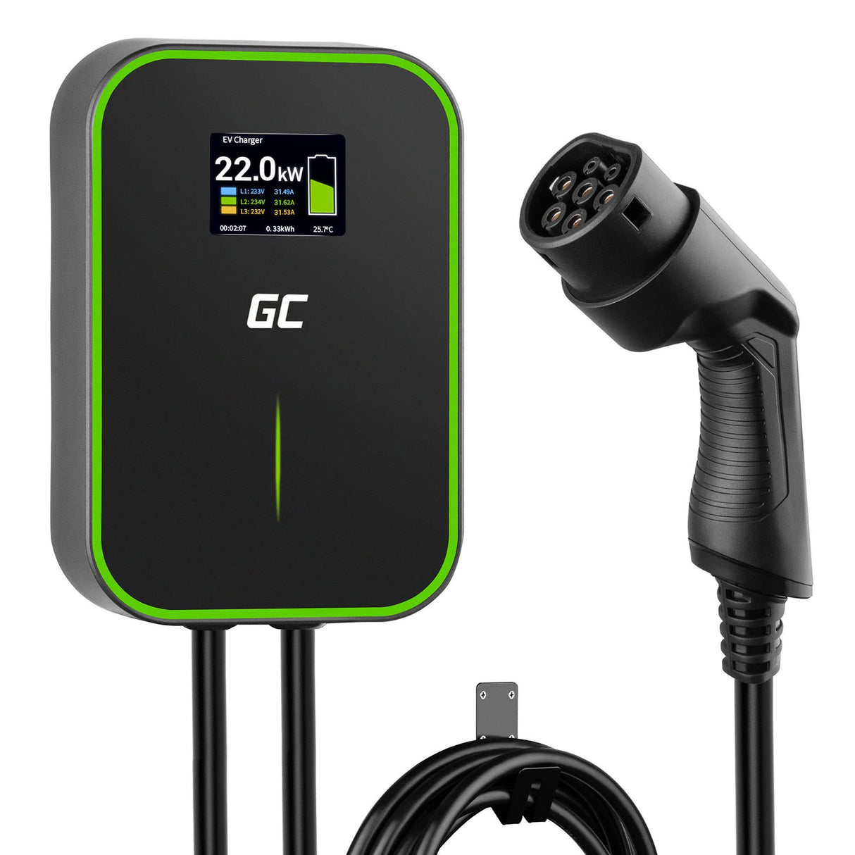Green Cell GC PowerBox Wallbox 22kW Tipo 2 Cargador para Vehículos Eléctricos EV PHEV Cable 6m Pantalla LCD Compatible con Todos los EV Model 3/S/X/Y, ID.3, ID.4, i3, 500e, EV6, E-Tron, ZOE, Mach-E