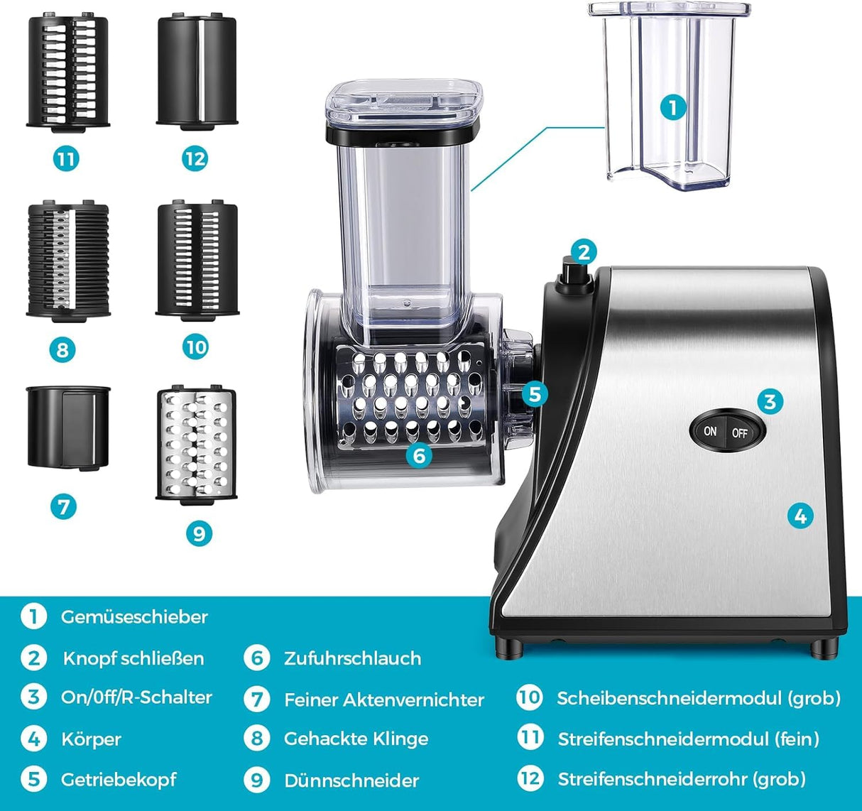 COOCHEER - Cortador eléctrico de verduras (250 W, calibre grande, mejorado, de acero inoxidable, con 5 cuchillas para varios vegetales