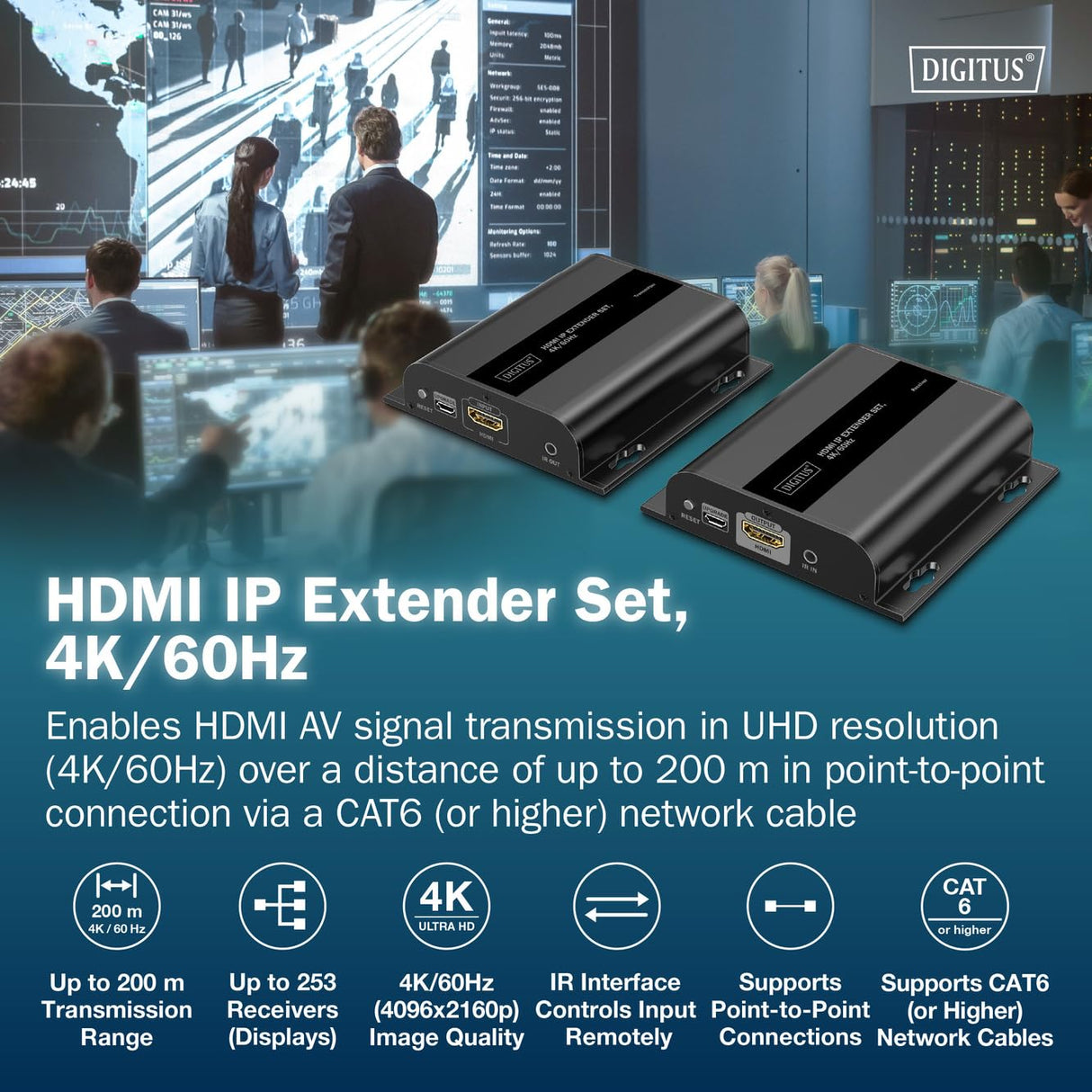 DIGITUS Juego extensor HDMI IP – UHD 4k 60 Hz – HDMI 2.0 – hasta 200 m de alcance – emisor y receptor – hasta 253 receptores – CAT 6 – negro