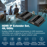 DIGITUS Juego extensor HDMI IP – UHD 4k 60 Hz – HDMI 2.0 – hasta 200 m de alcance – emisor y receptor – hasta 253 receptores – CAT 6 – negro
